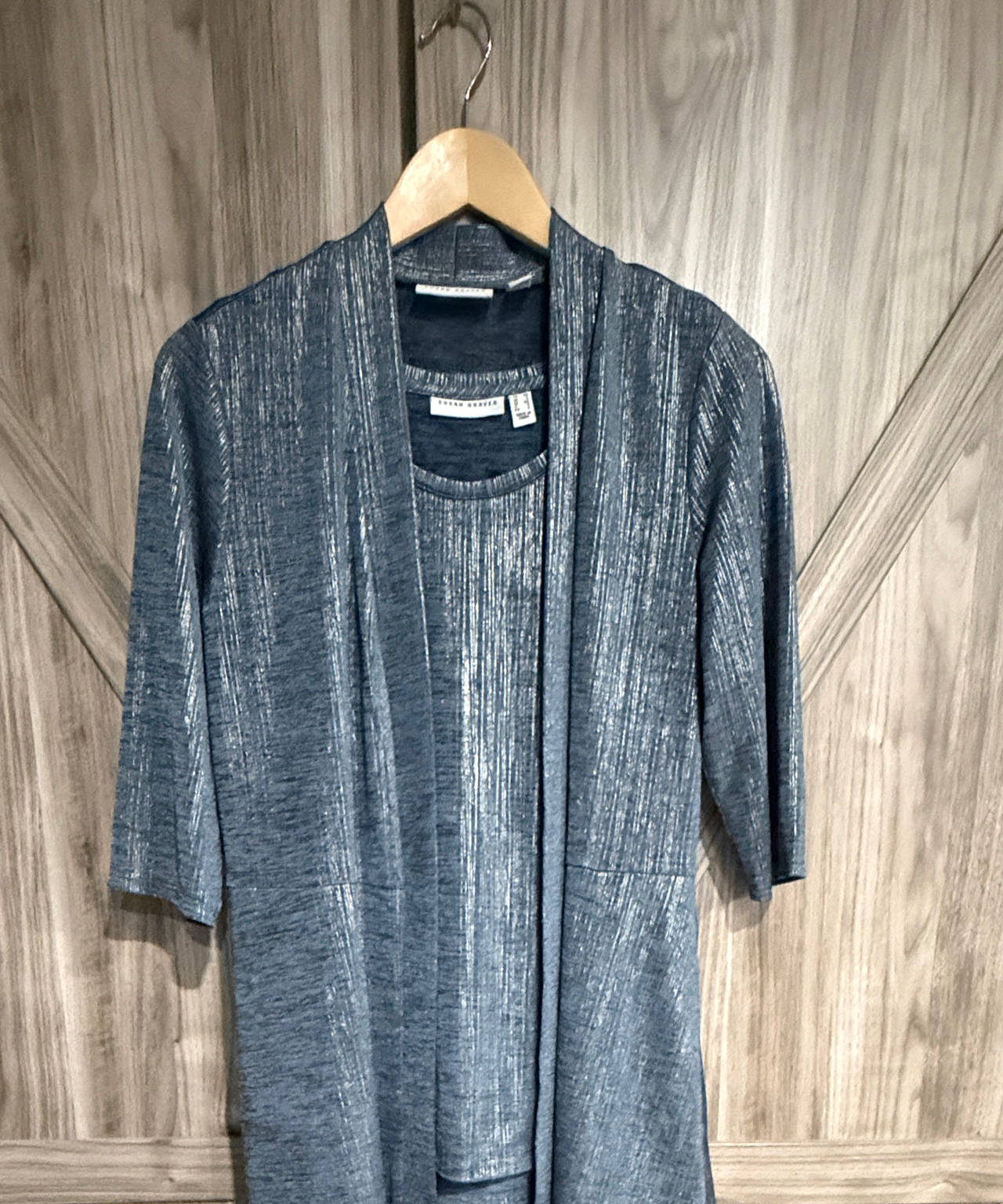 Susan Graver Liquid Knit Metallic Cardigan and Tank Set Size XS Blue Grey