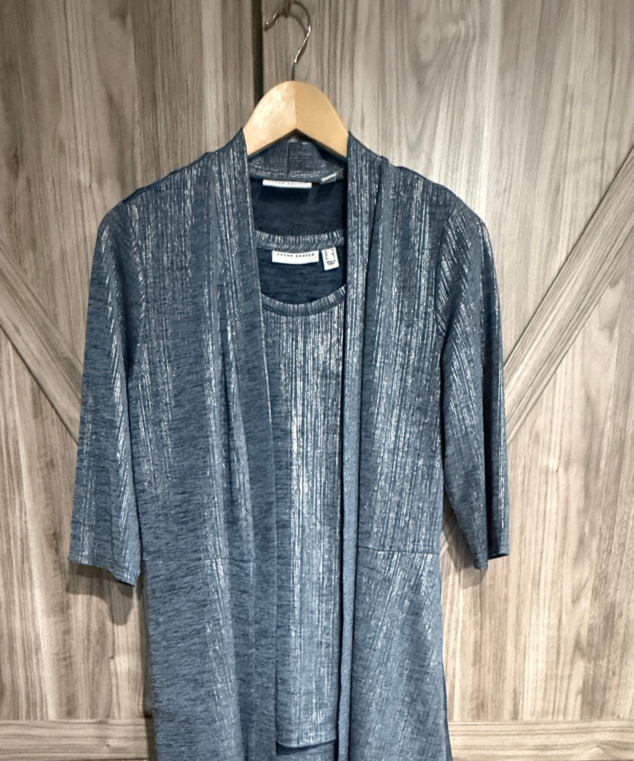 Susan Graver Liquid Knit Metallic Cardigan and Tank Set Size XS Blue Grey