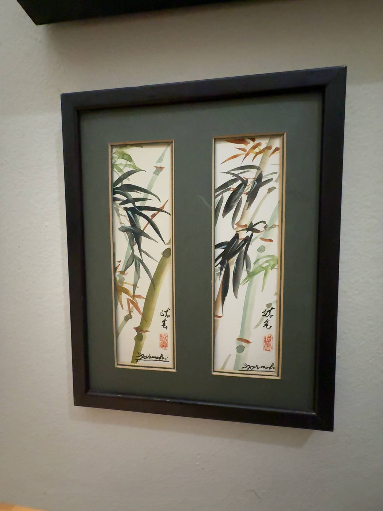 Original Bamboo Ink Painting Framed Green
