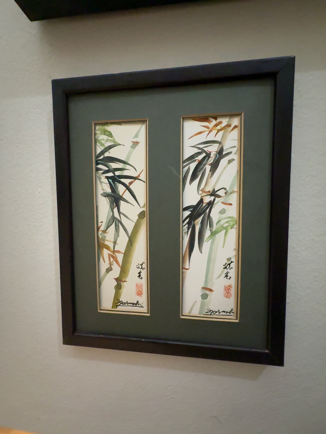 Original Bamboo Ink Painting Framed Green
