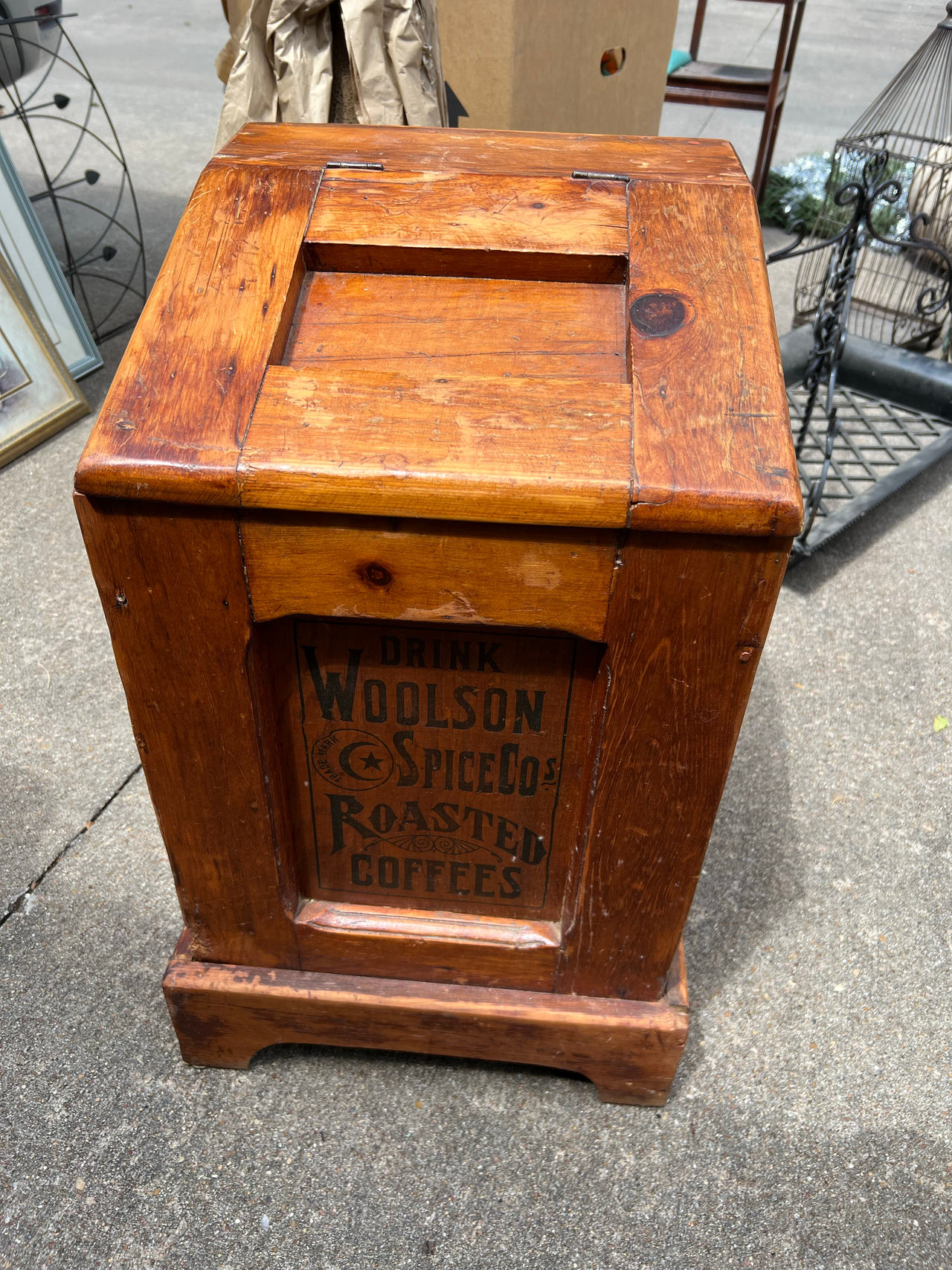 Antique Woolson Spice Co. Wooden Coffee Bin