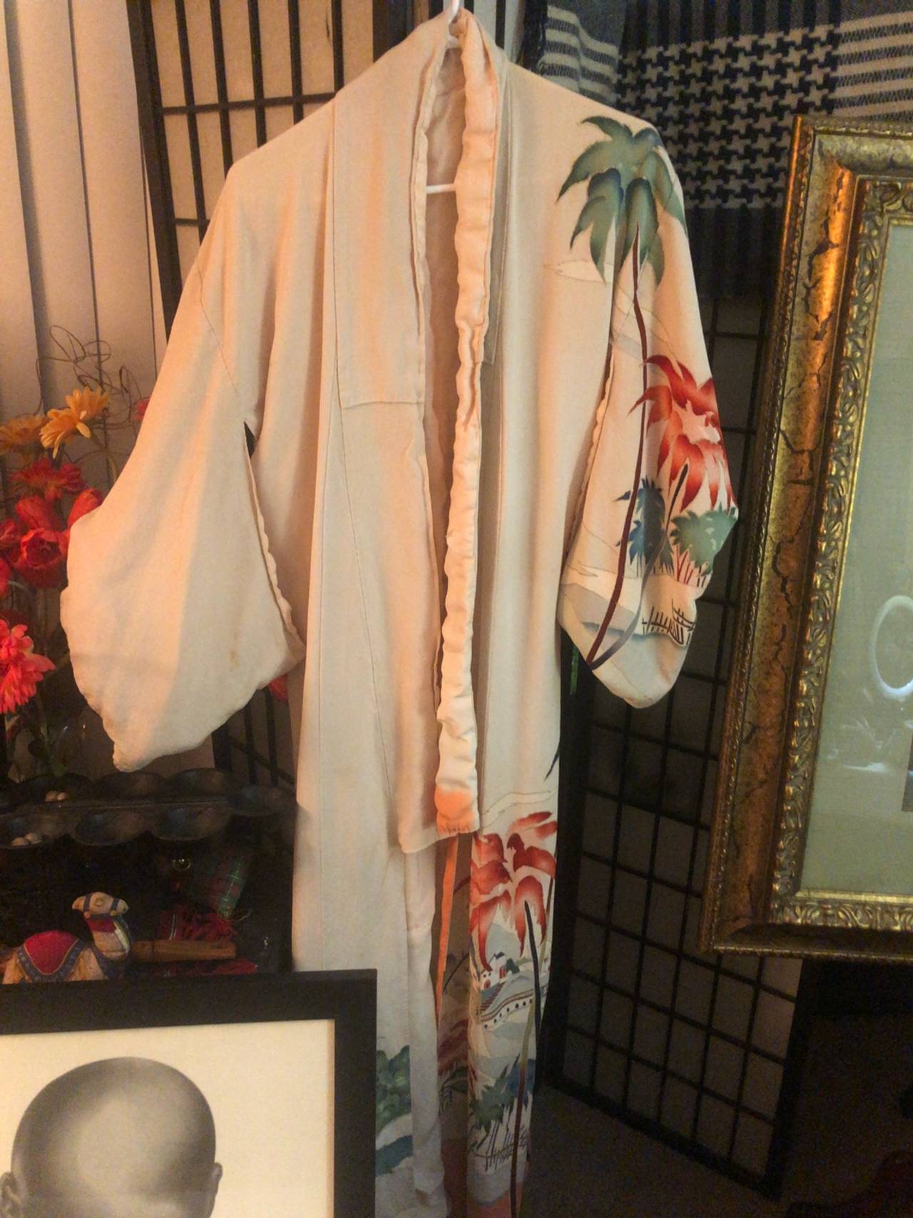 Vintage Japanese Silk Kimono Ivory Pink Floral