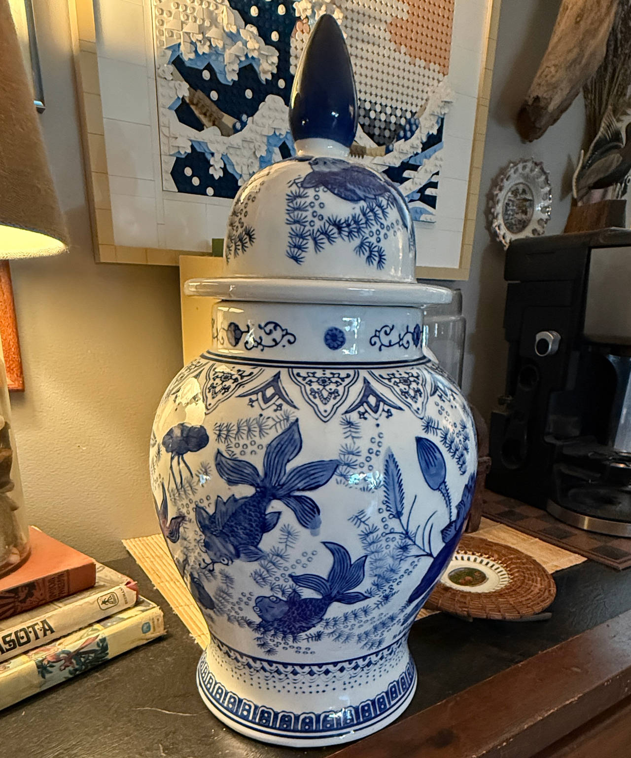 Blue and White Koi Fish Porcelain Ginger Jar with Lid
