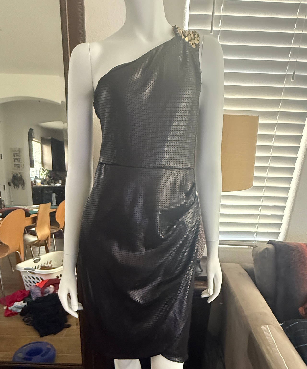 One-Shoulder Sequin Cocktail Dress with Gold Detail