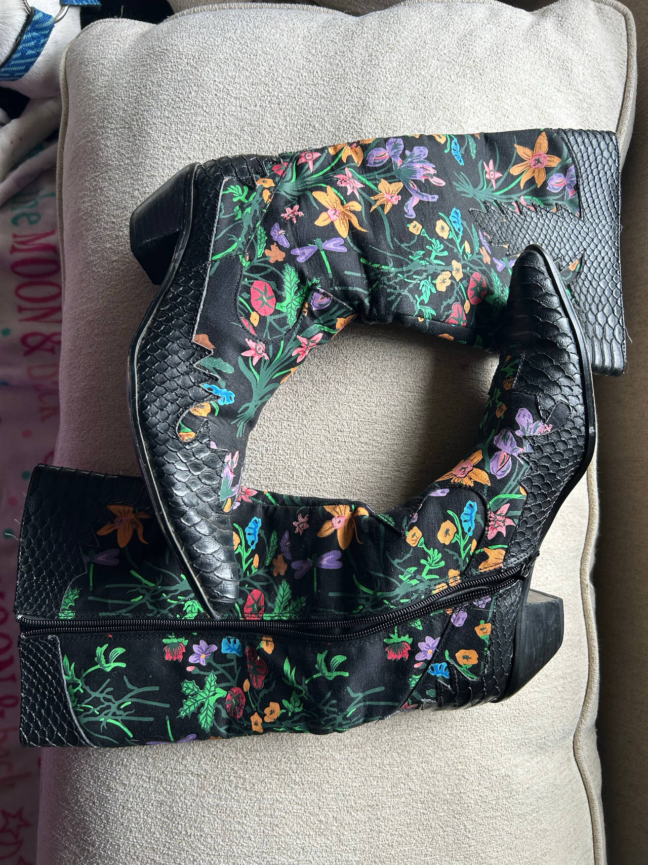 These are Two Lips "Grata" floral painted zip-side cowboy boots