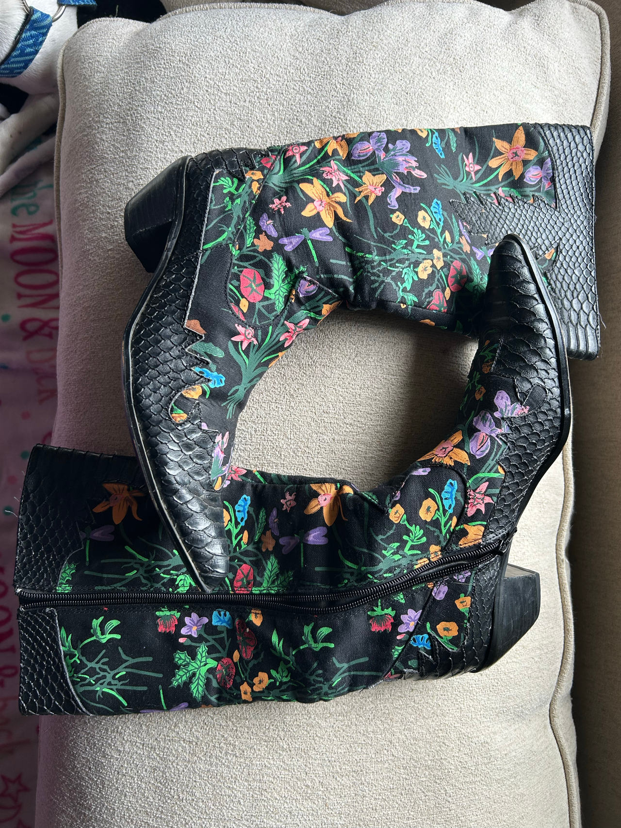These are Two Lips "Grata" floral painted zip-side cowboy boots