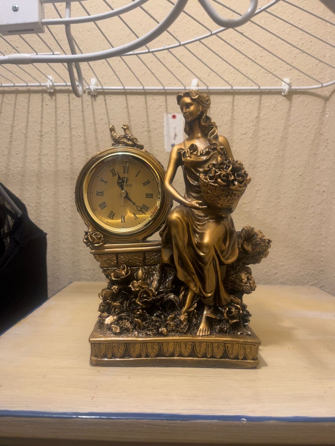 Decorative Woman Flower Basket Gold  Clock