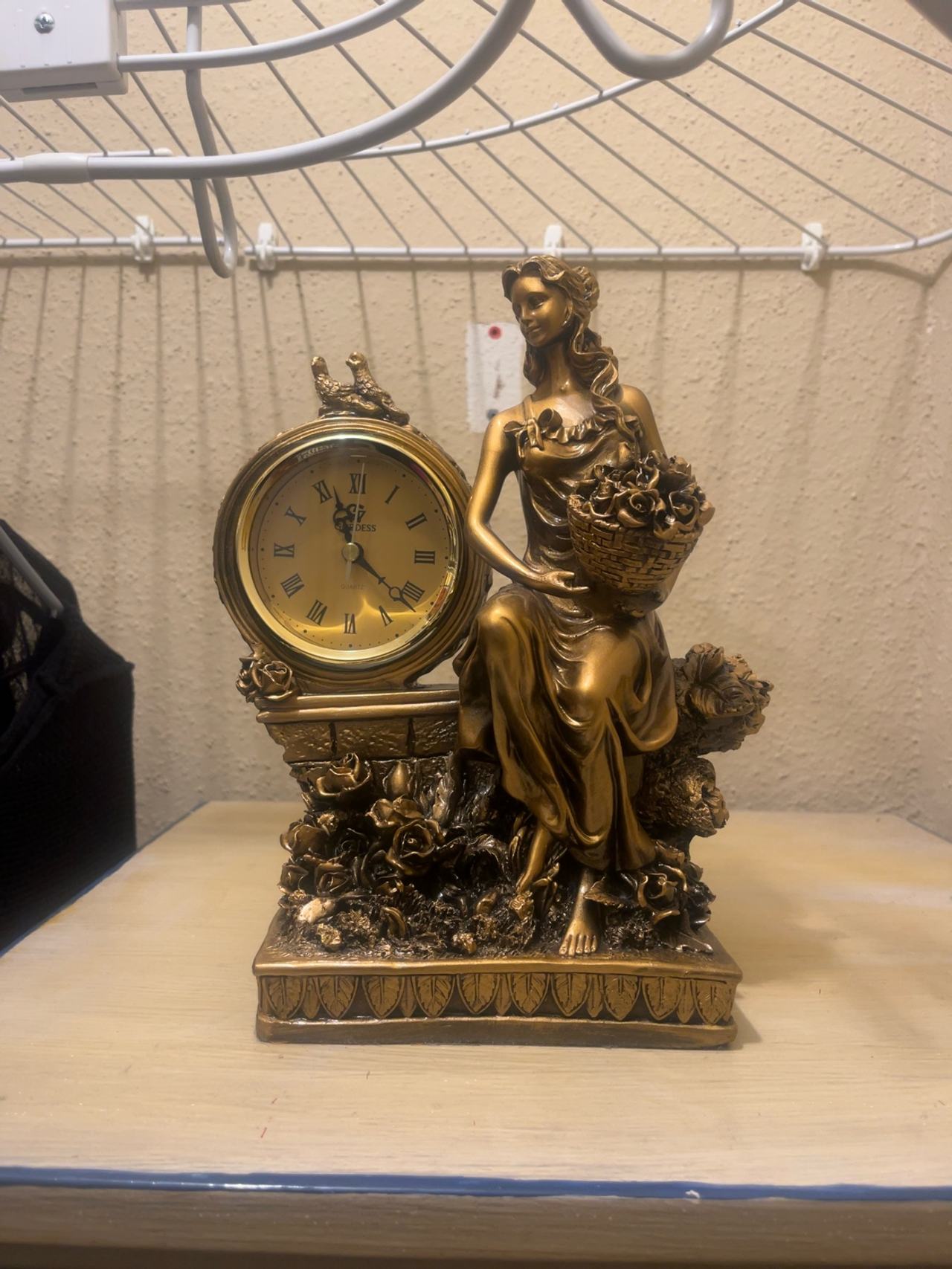 Decorative Woman Flower Basket Gold  Clock