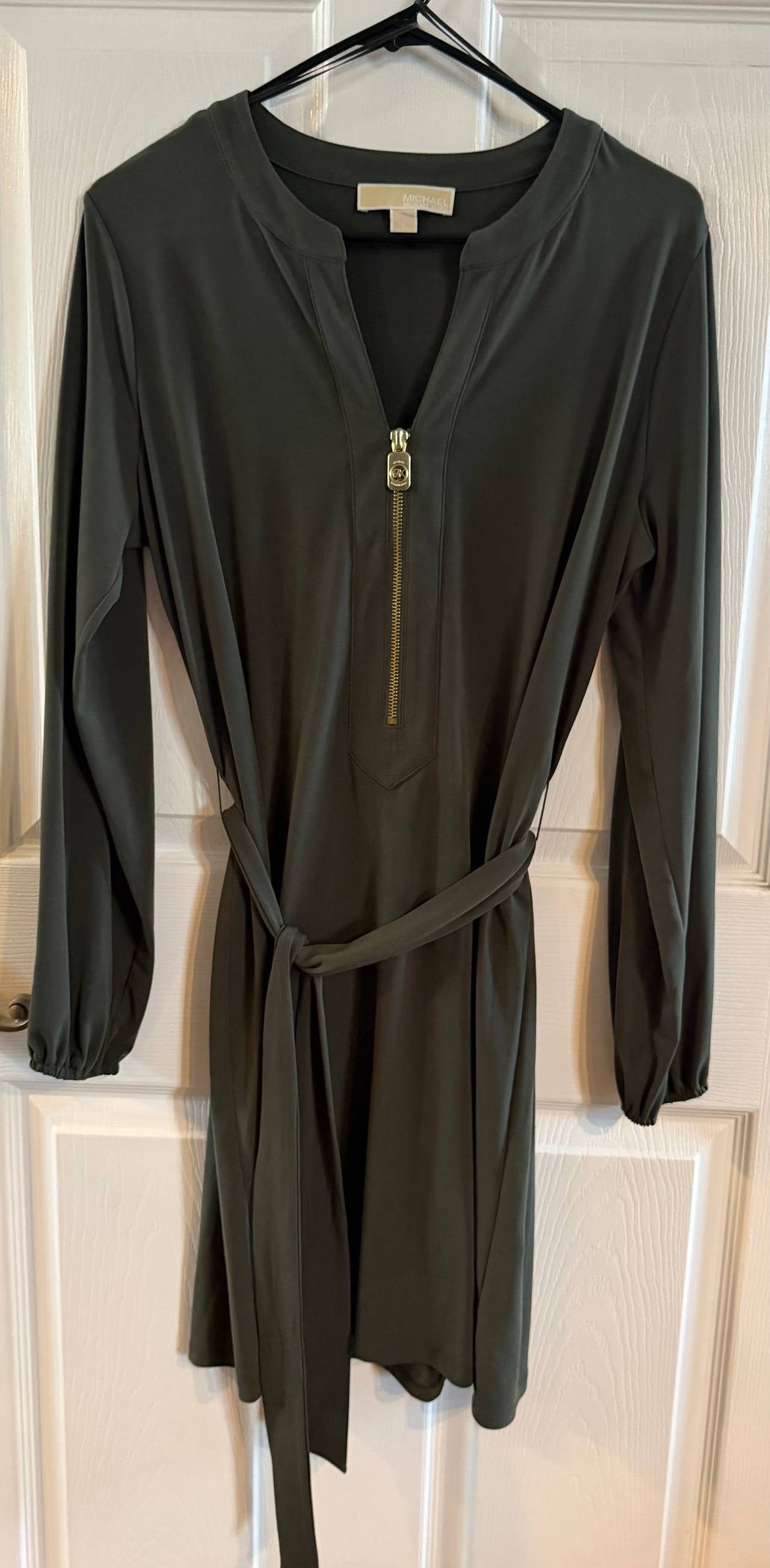 Michael Kors Olive Green Zip-Front Belted Dress