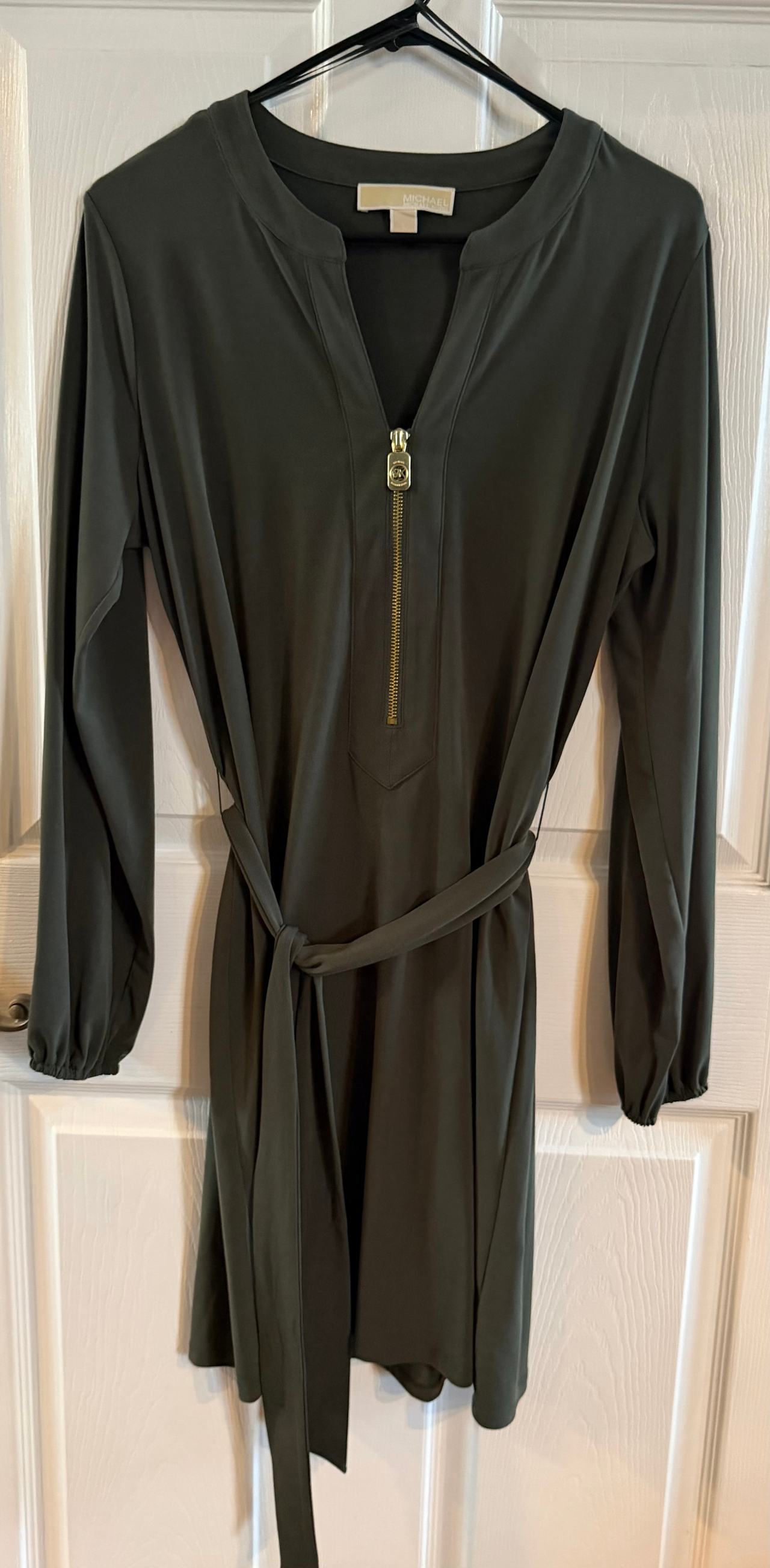 Michael Kors Olive Green Zip-Front Belted Dress