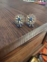 Vintage Gold Tone Filigree Flower Earrings with Blue Rhinestones - Image 2