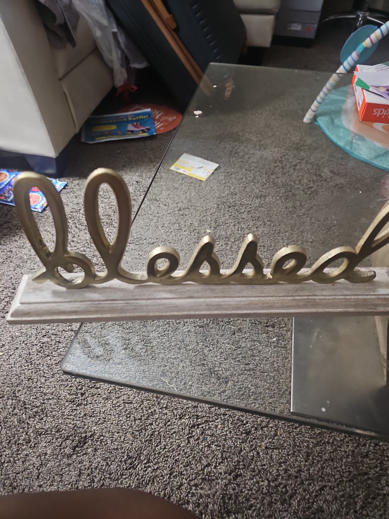 Gold Blessed Metal Script Tabletop Sign with Wood Base