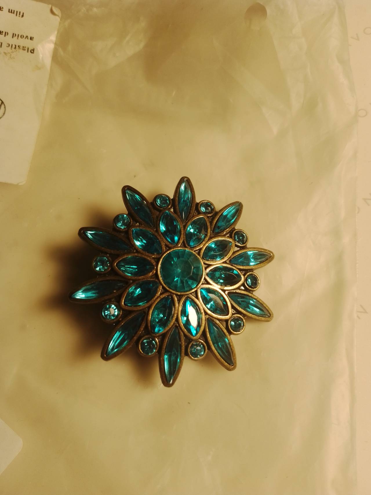 Vintage Teal Rhinestone Sunburst Brooch