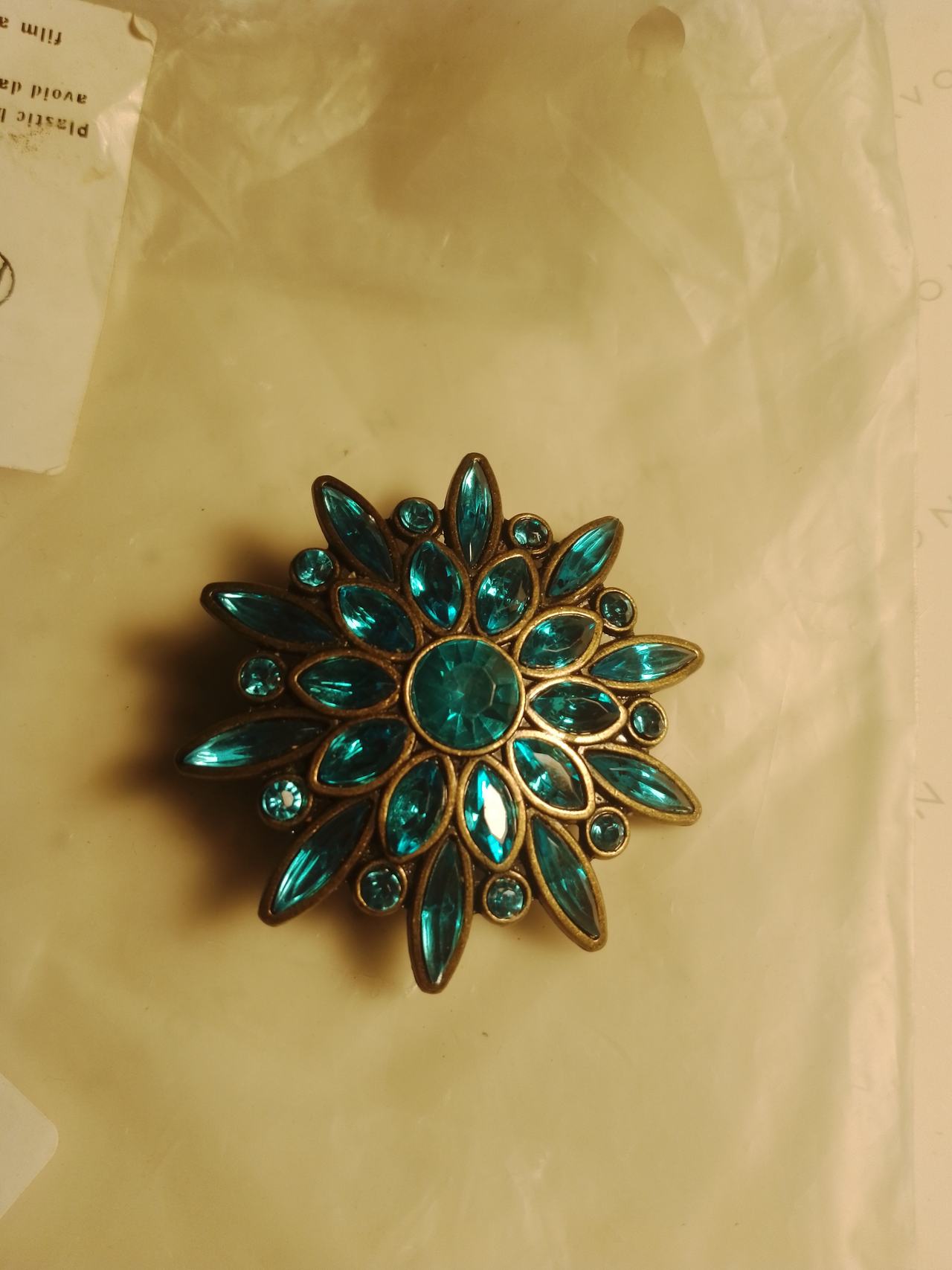 Vintage Teal Rhinestone Sunburst Brooch