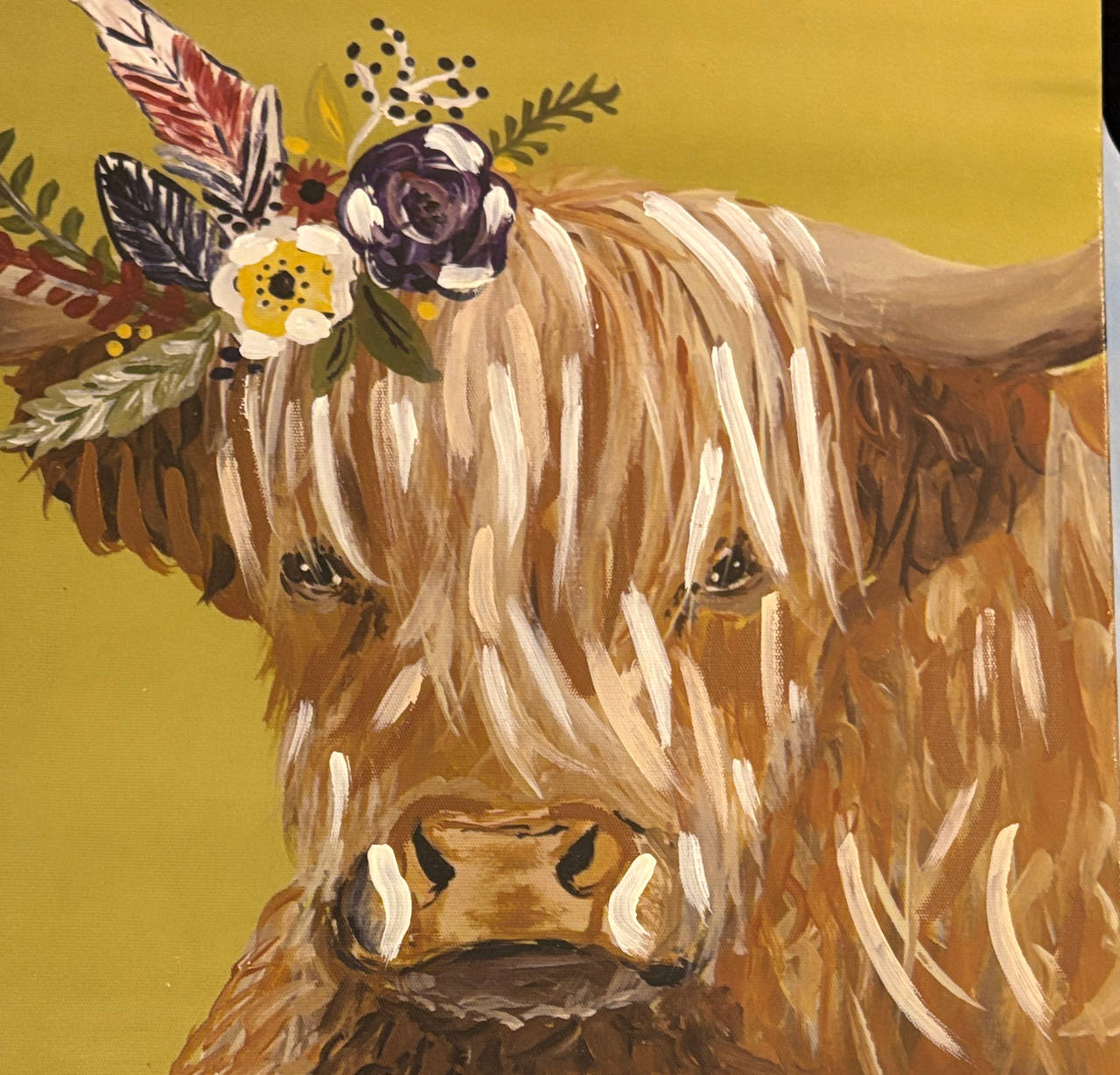 Highland Cow with Floral Crown Canvas Painting