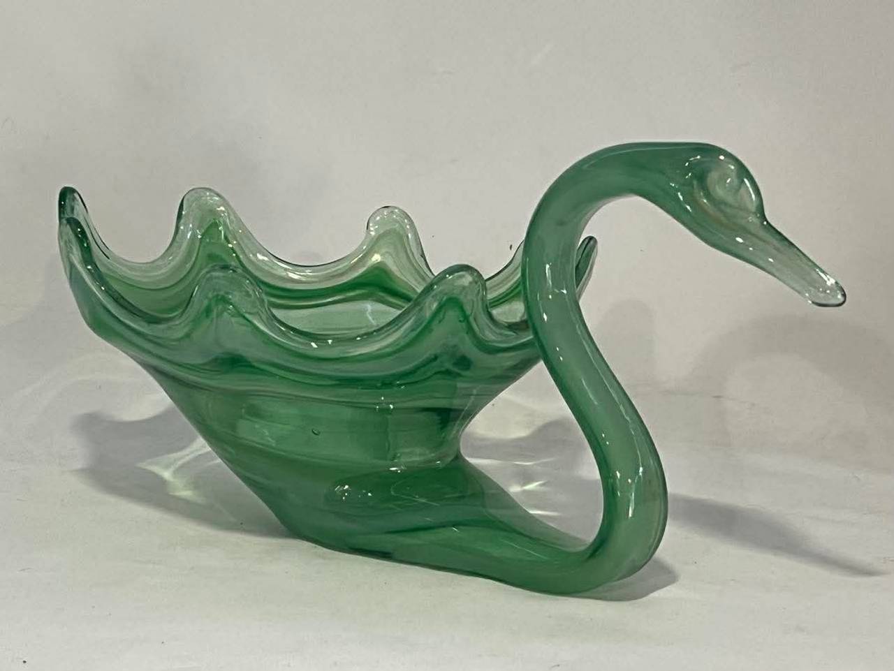 Vintage Green Swirl Art Glass Swan Bowl