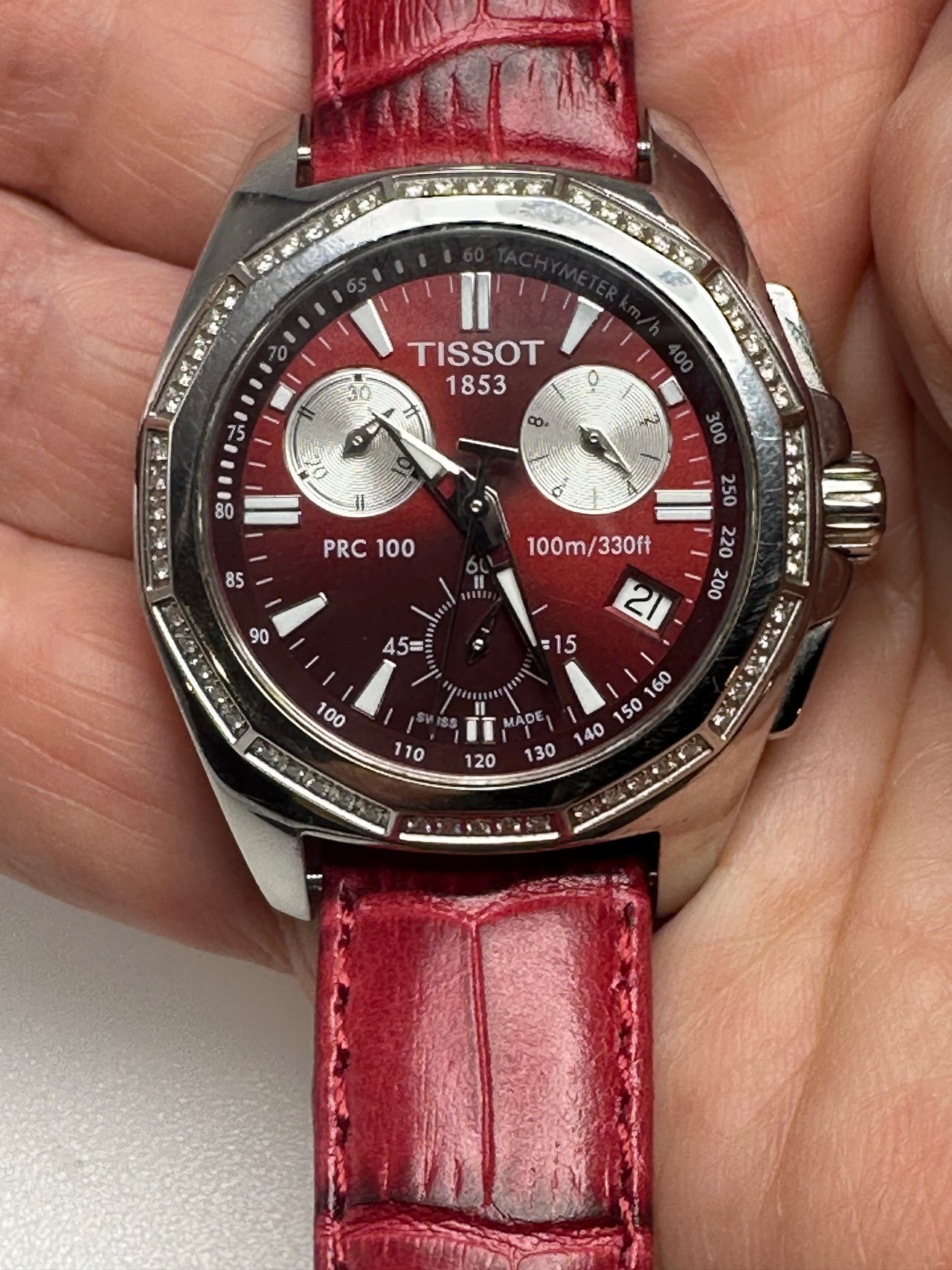 Ladies Tissot PRC 100 Red Dial Diamond Bezel Chronograph Quartz Gorgeous!