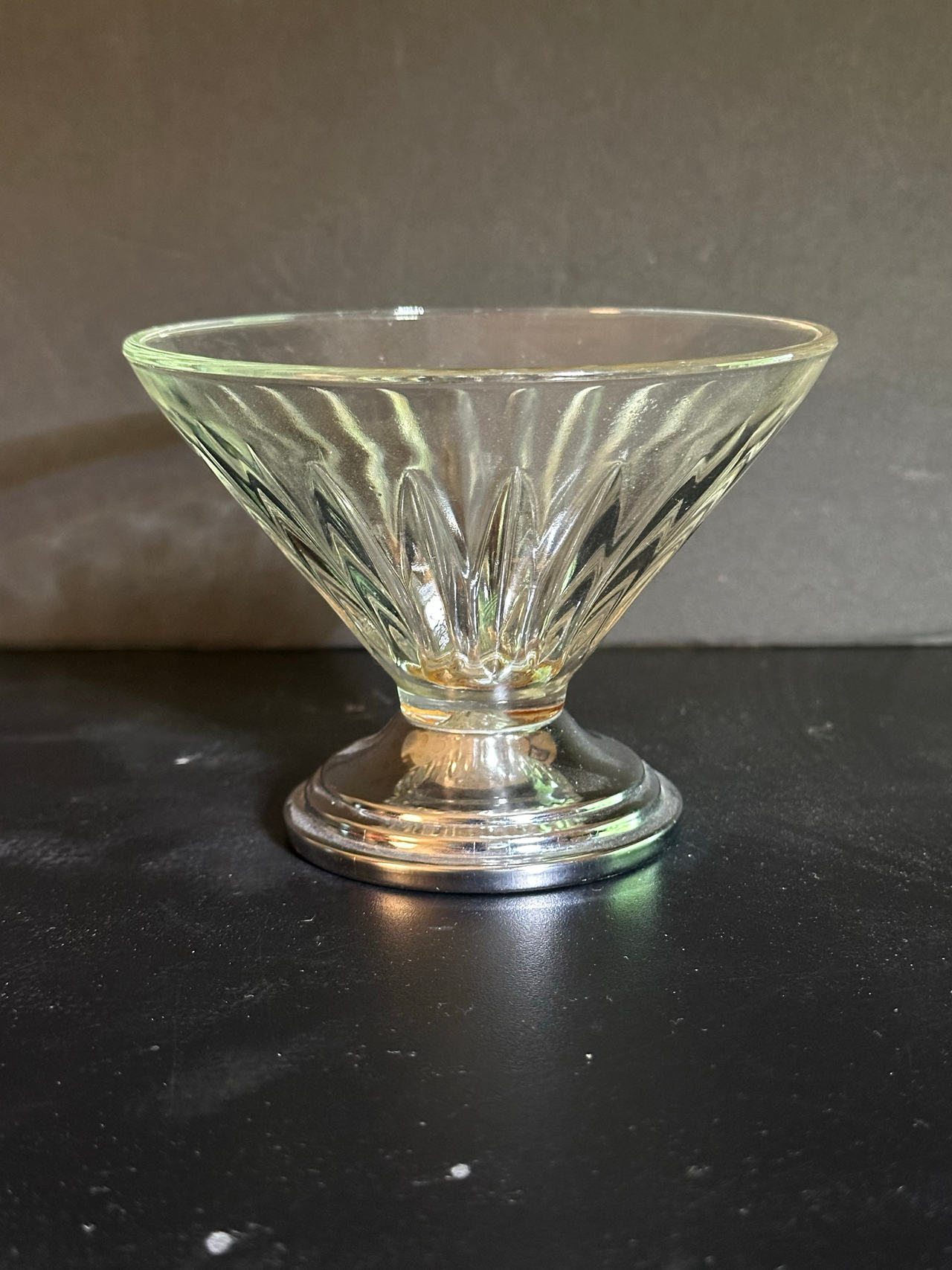 Vintage Ribbed Glass Dessert Cup with Metal Base