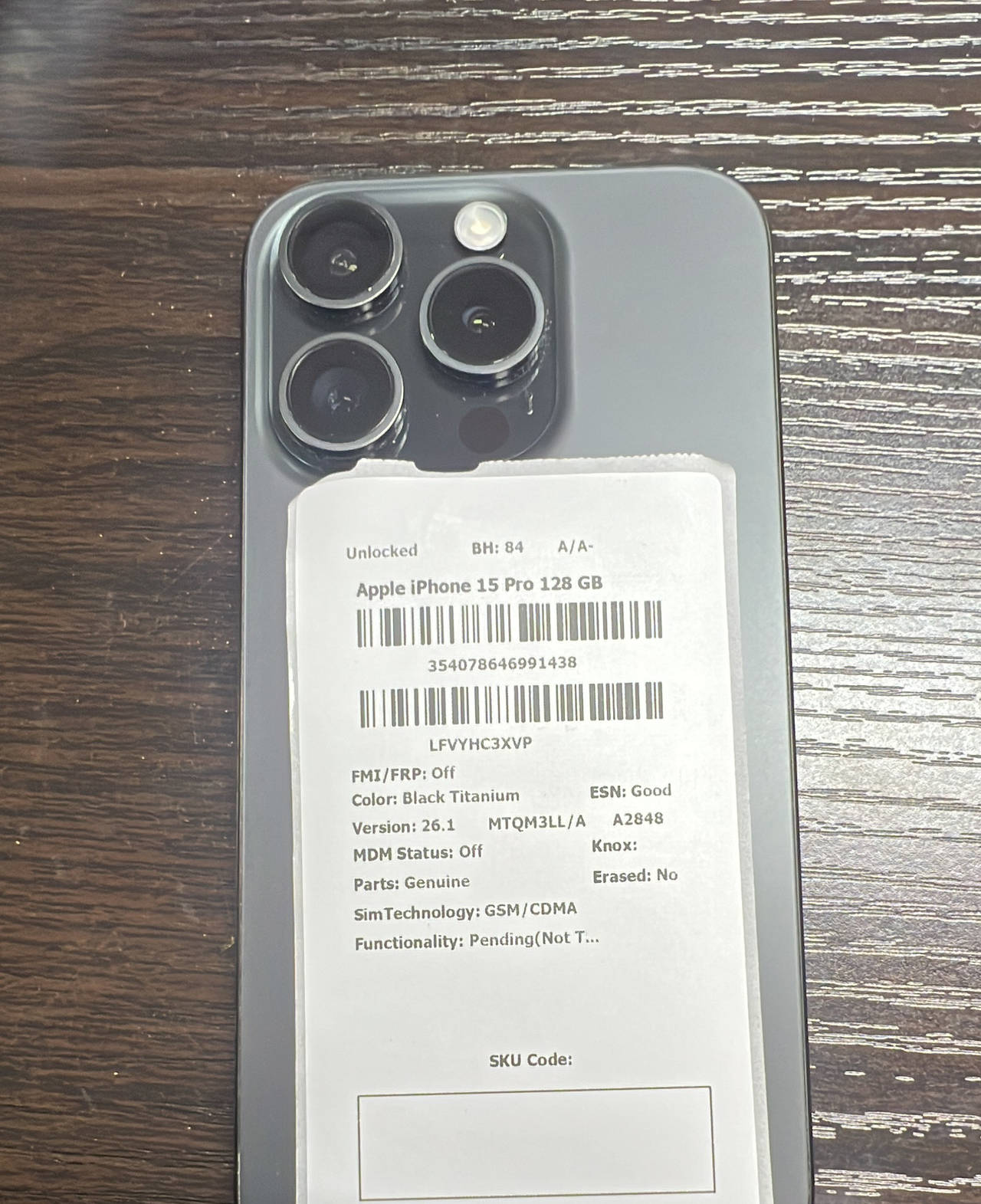 Apple iPhone 15 Pro 128GB Black Titanium Unlocked BH 84