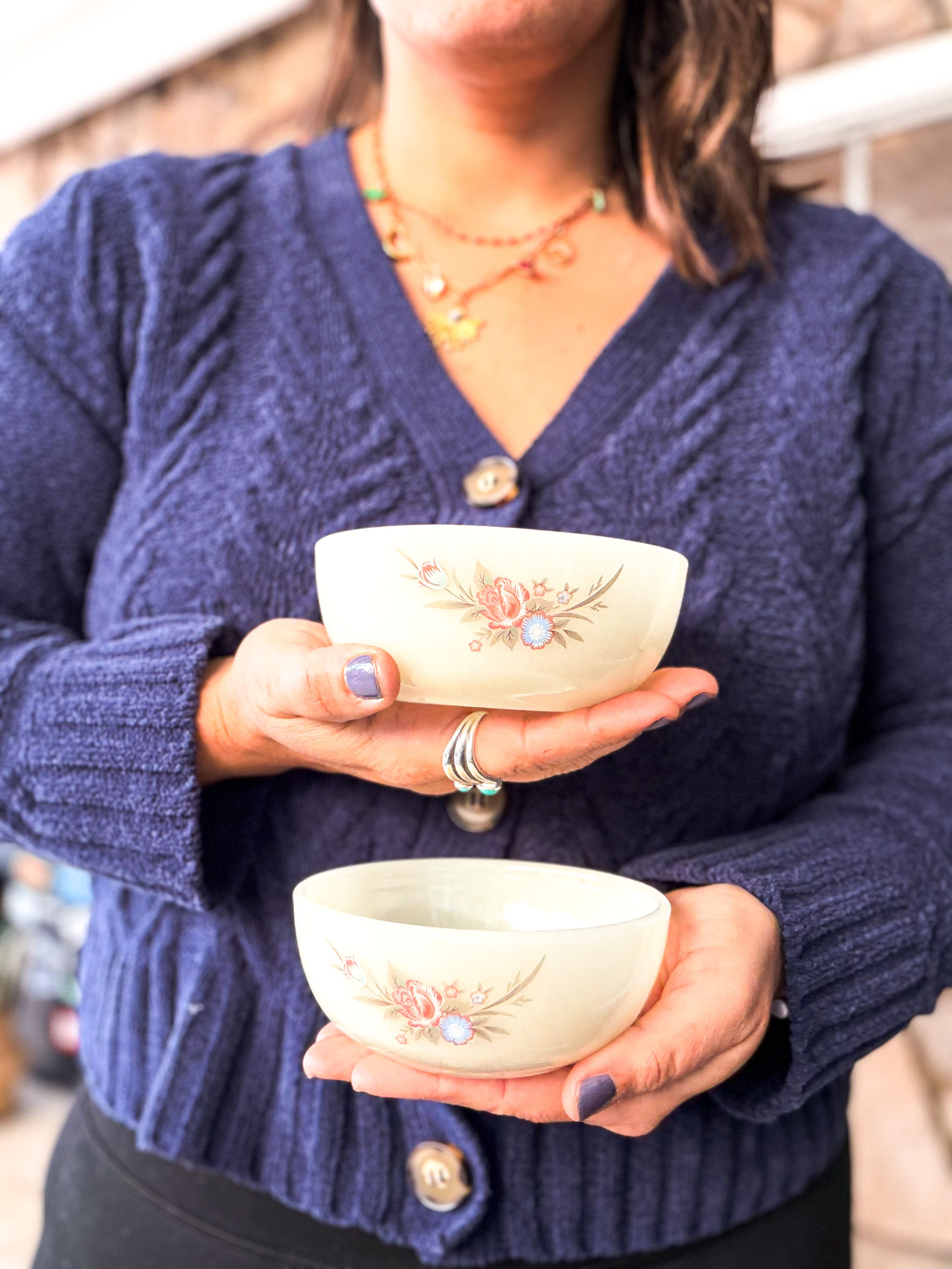 Vintage Milk Glass Cottagecore Floral Bowls – Set of 2