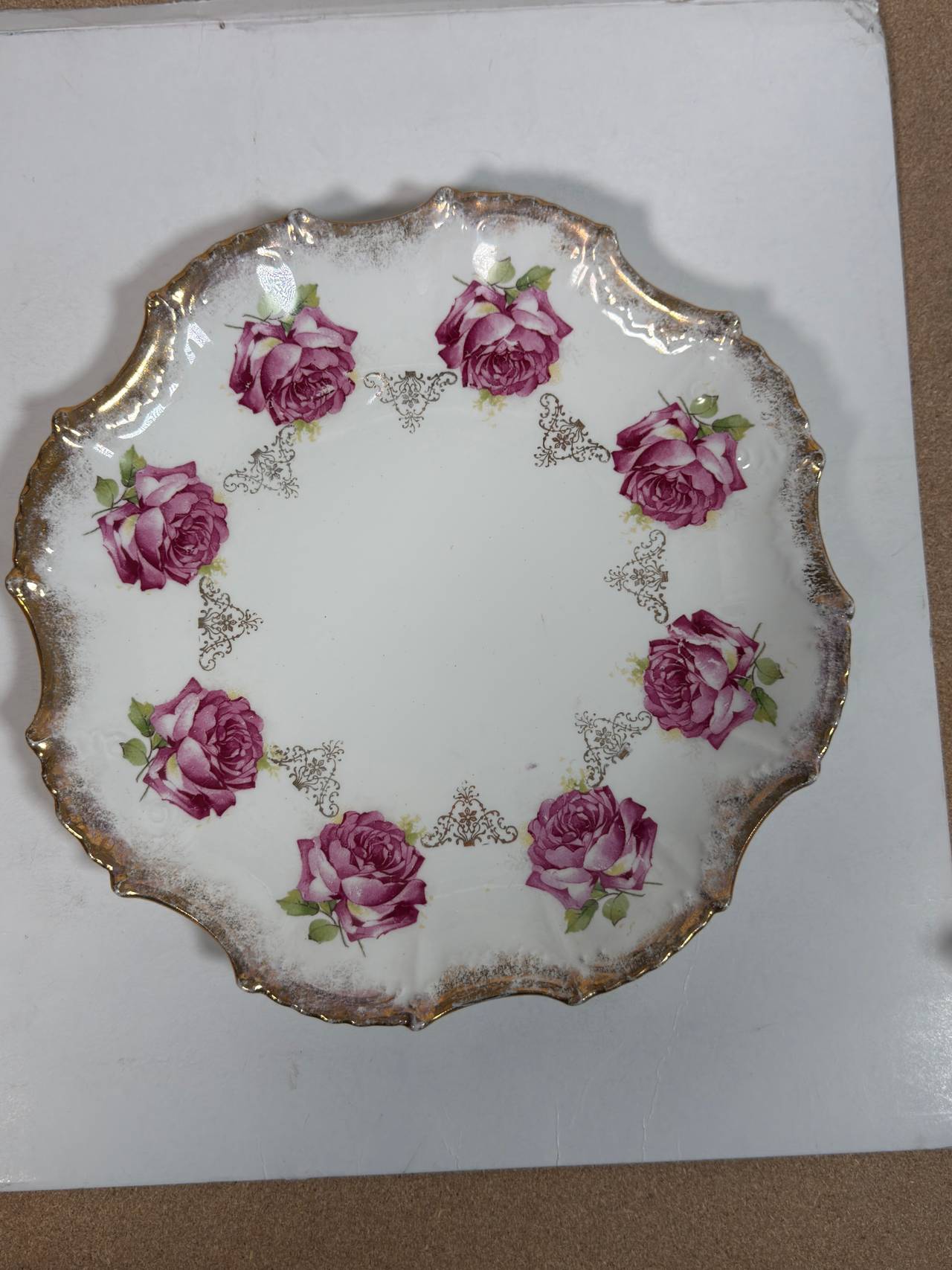 Vintage Crescent China Pink Rose Scalloped Gold Rim Plate