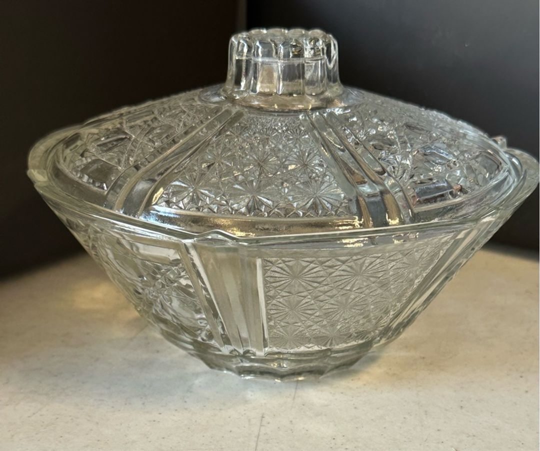 Vintage FNG Indonesia pressed glass candy dish with a lid