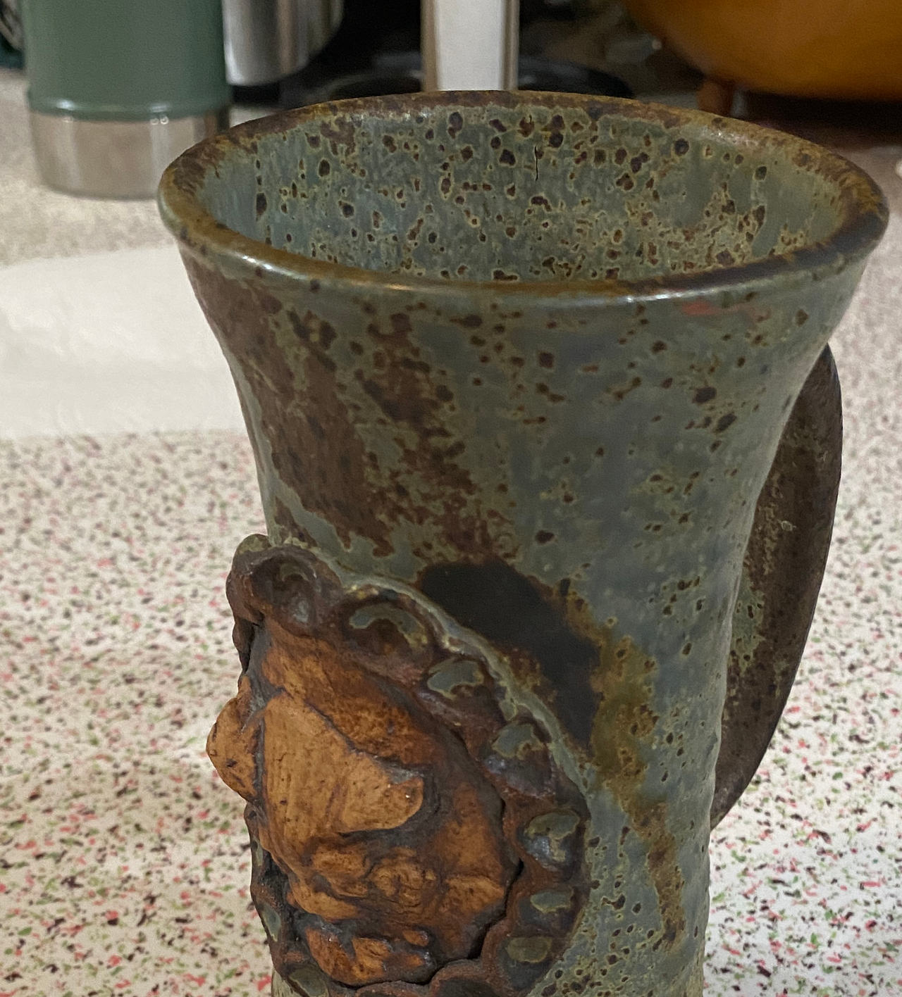 Handmade cat or Lion Medallion hand thrown pottery Mug.
