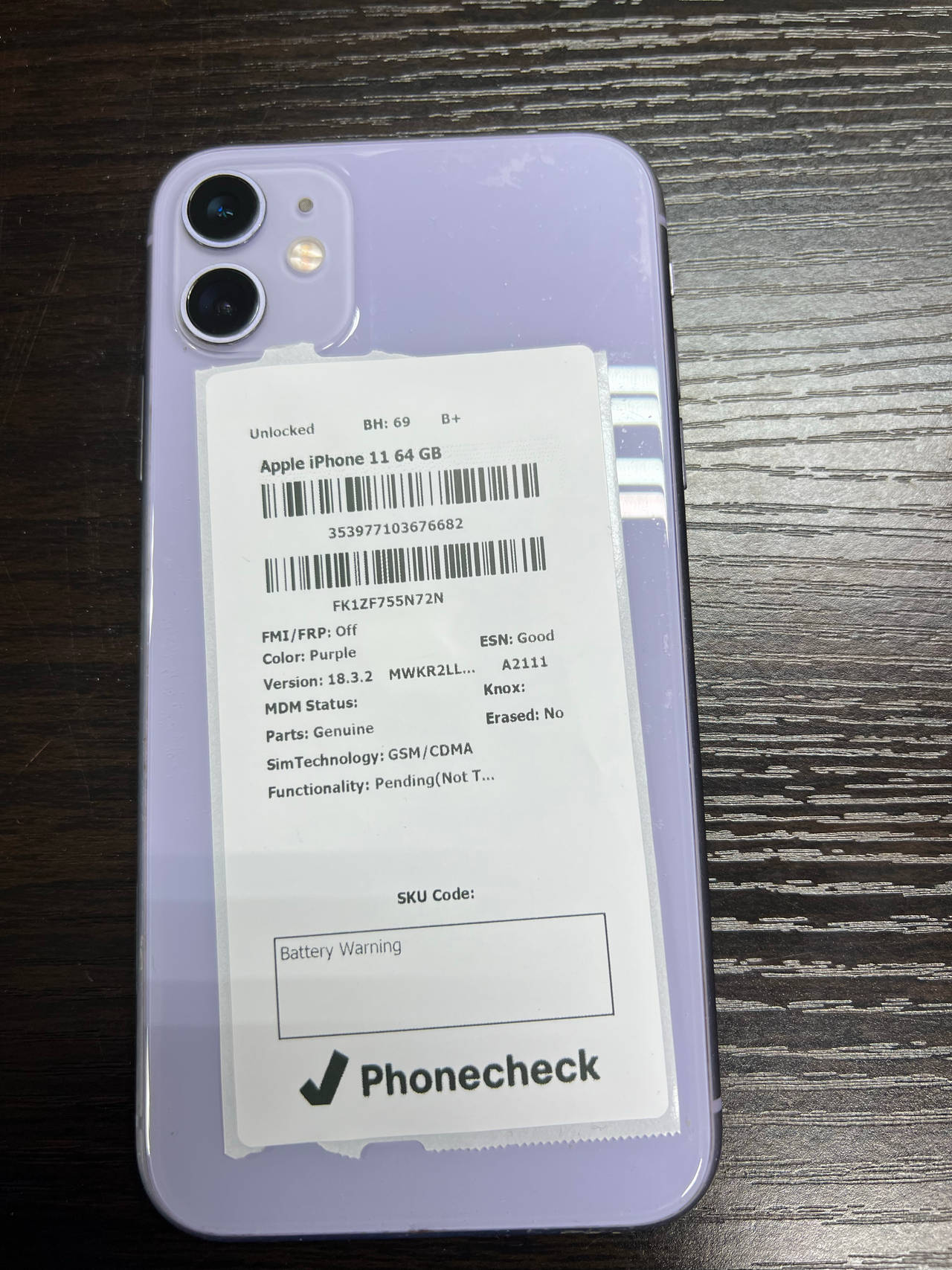 Apple iPhone 11 64GB Purple unlocked BH 69 B+