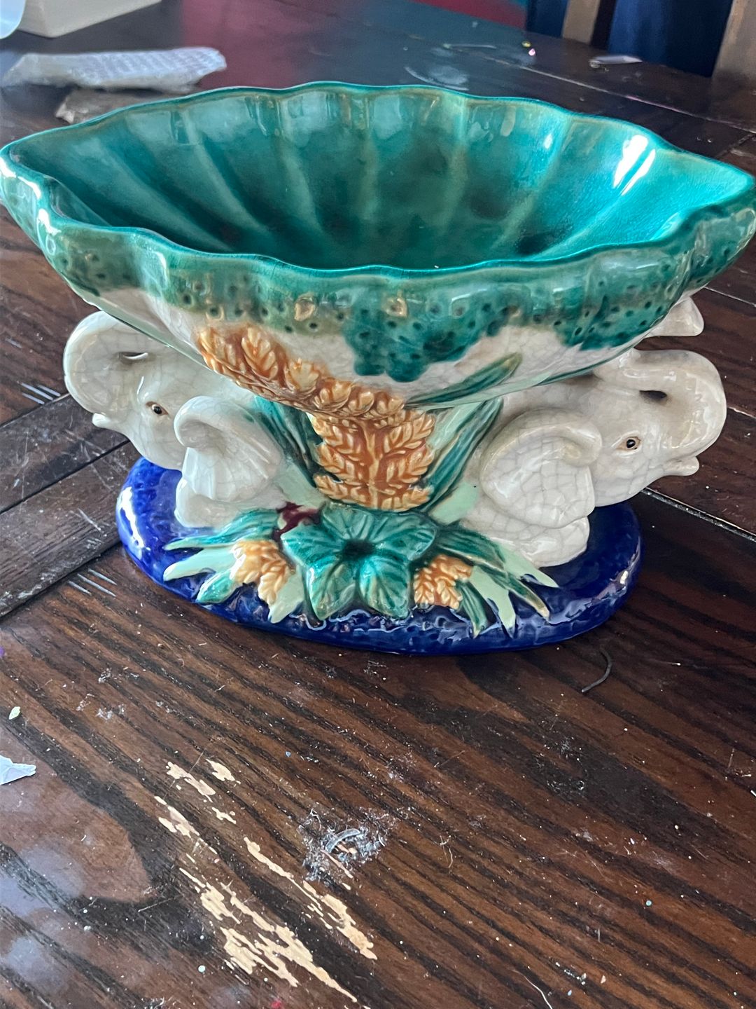 Italian Majolica Elephant Pedestal Bowl