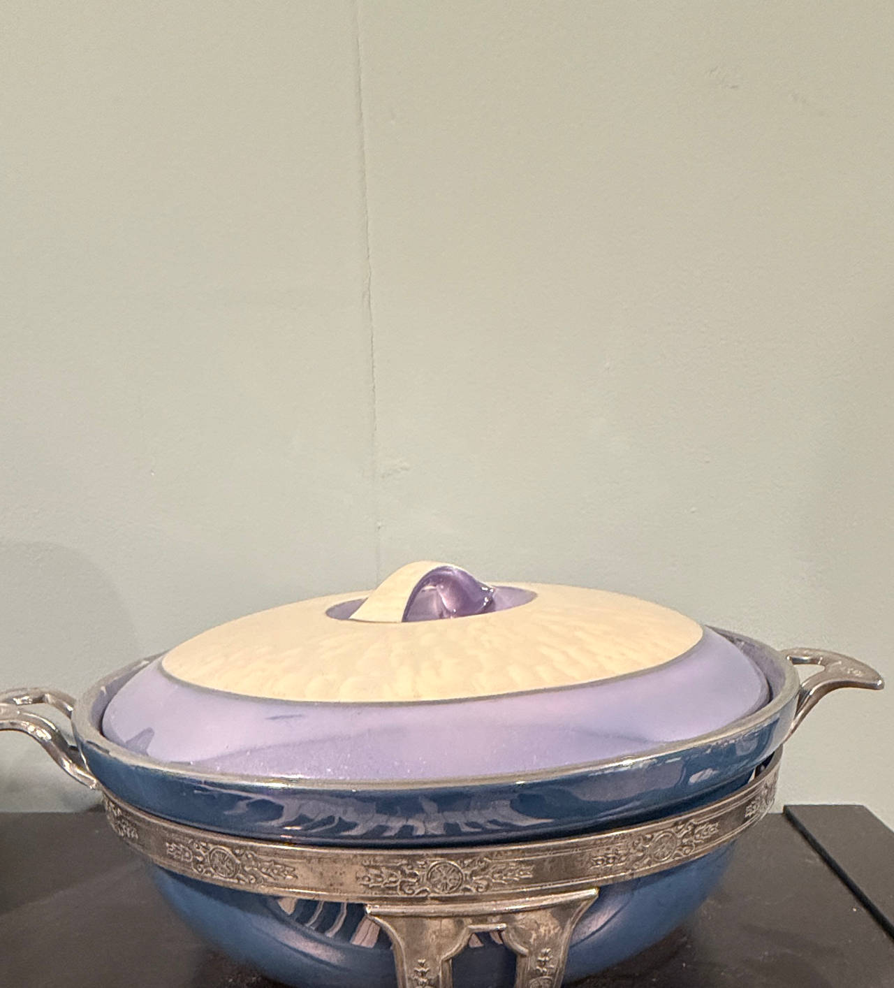 Vintage Ceramic Casserole Dish with Ornate Metal Stand