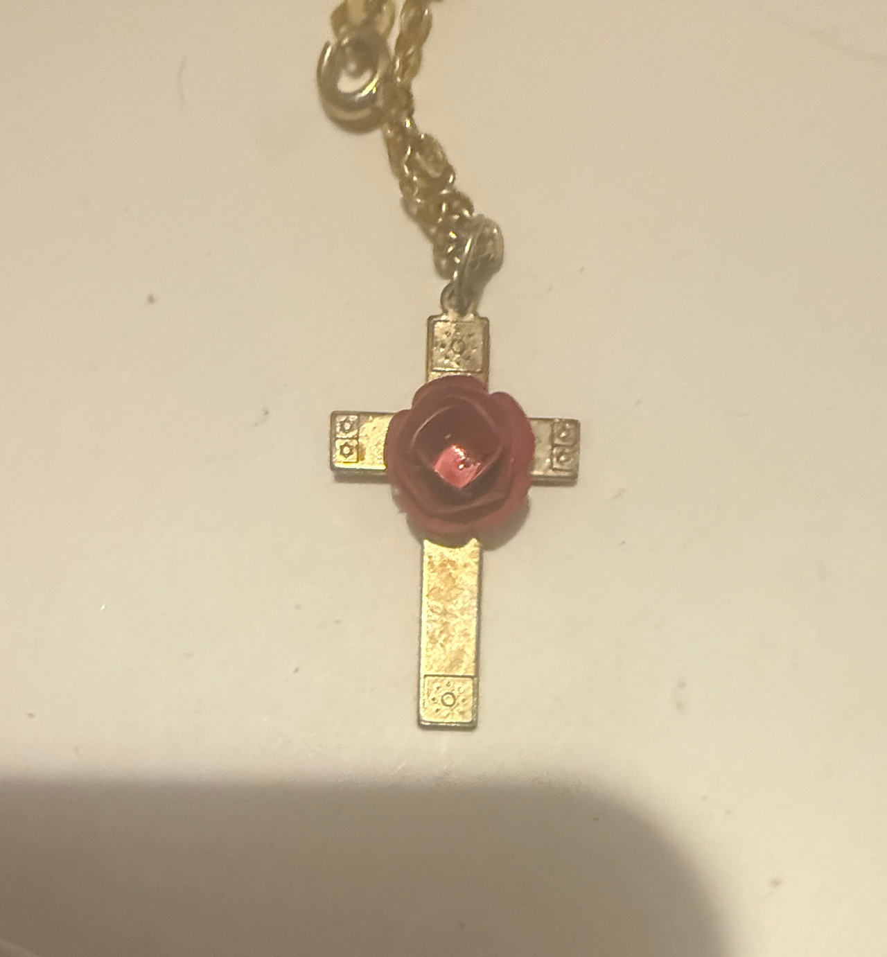 Vintage Gold Tone Red Rose Cross Necklace
