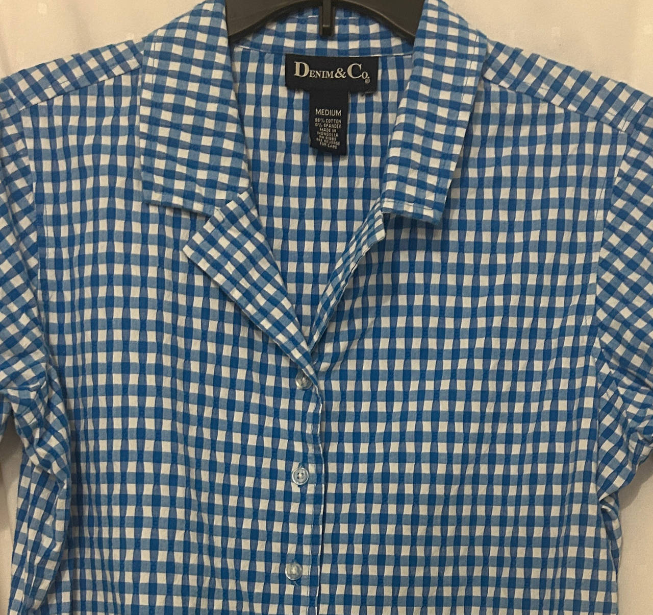 Denim & Co. Gingham Seersucker Short Sleeve Shirt