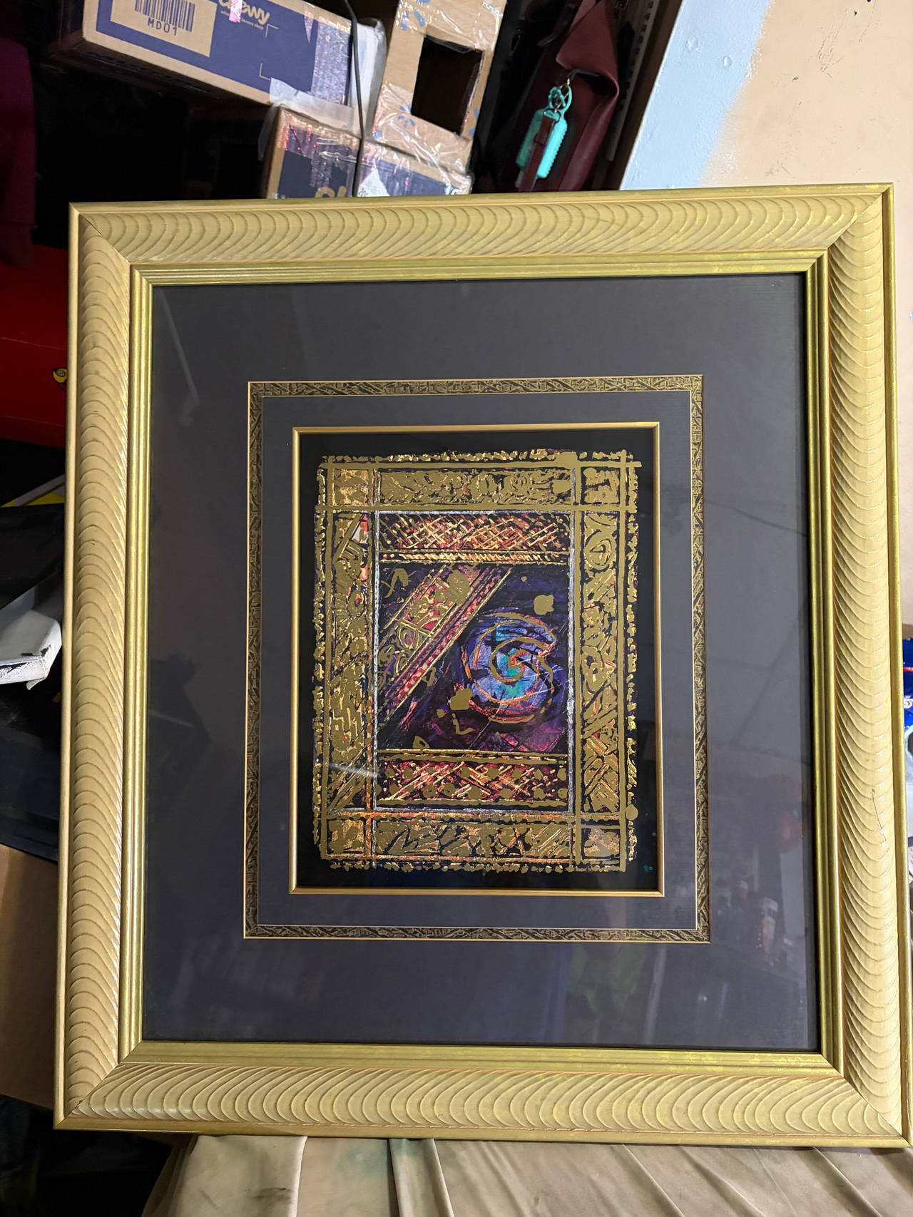Framed Mixed Media Abstract Art with Gold Leaf