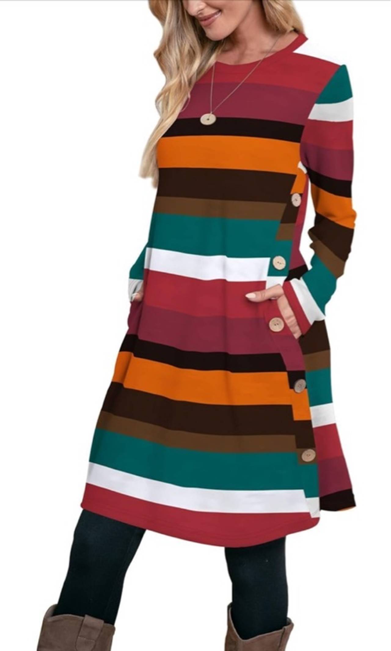OFEEFAN Long Sleeve Dress for Women Crew Neck Tunic Dress with Pockets Buttons