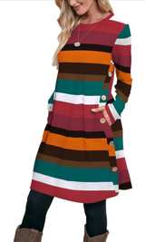 OFEEFAN Long Sleeve Dress for Women Crew Neck Tunic Dress with Pockets Buttons - Image 1