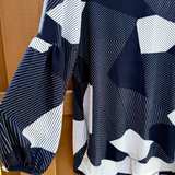 Lildy Tunic Women’s Size L - XL Long Sleeve Geometric Print Top Navy Blue White - Image 4
