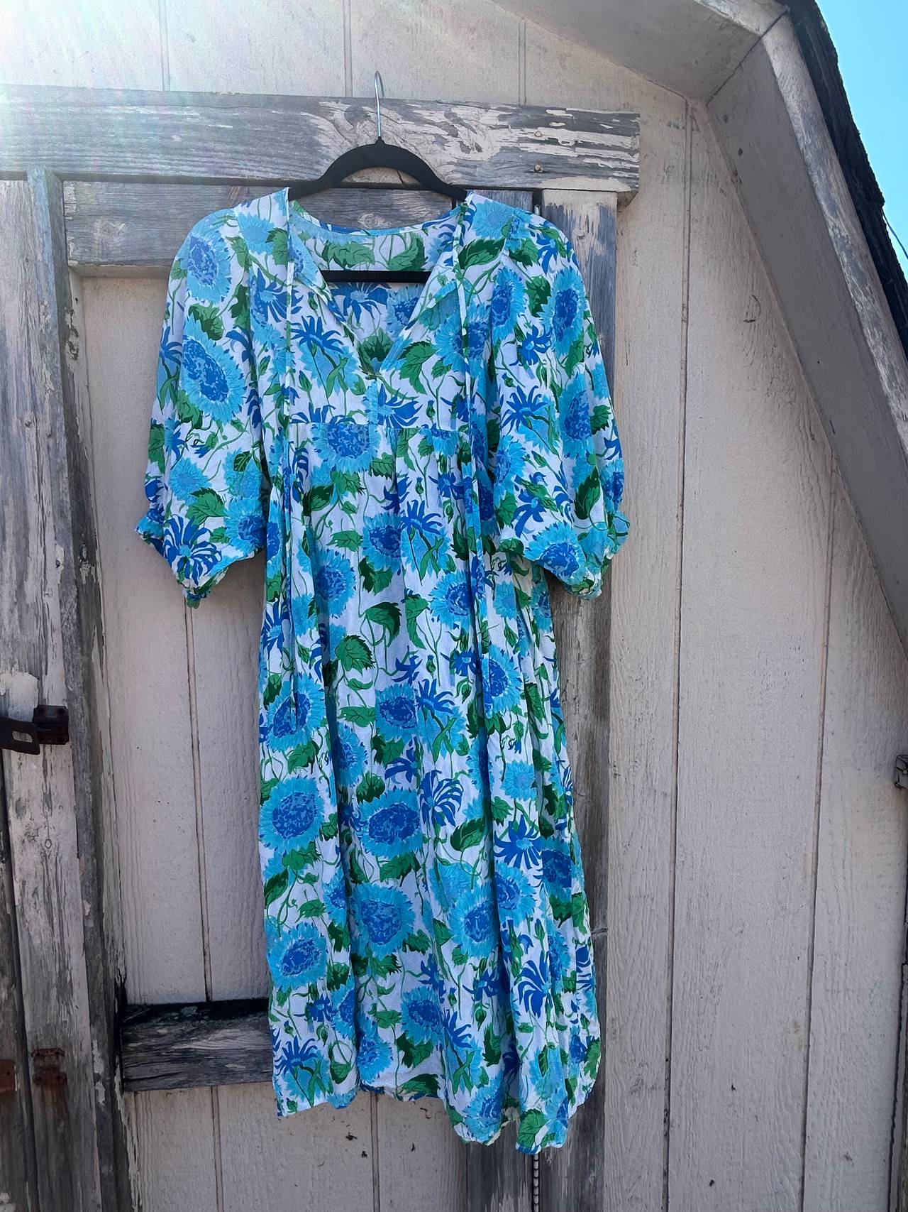 Blue and Green Floral Puff Sleeve Summer Dress