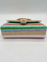Multicolor Woven Straw Clutch Bamboo Handle Gold Chain Crossbody Purse - Image 4