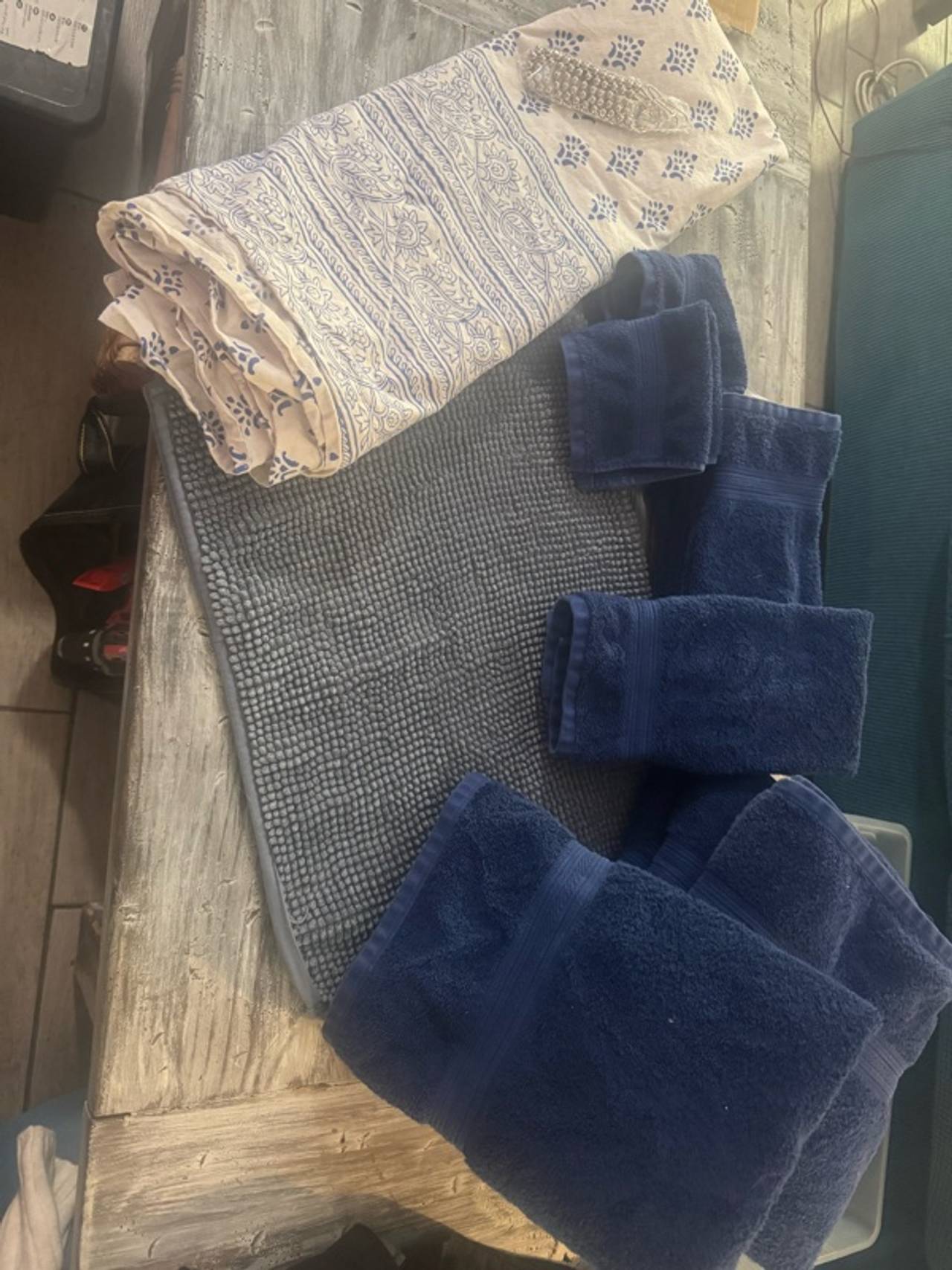 Blue Bathroom Set-Towels, Shower Curtain, Rings, and Bathmat