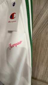New Women’s Champion White Track Pants w/Green Stripes Pink lettering Size Large - Image 4