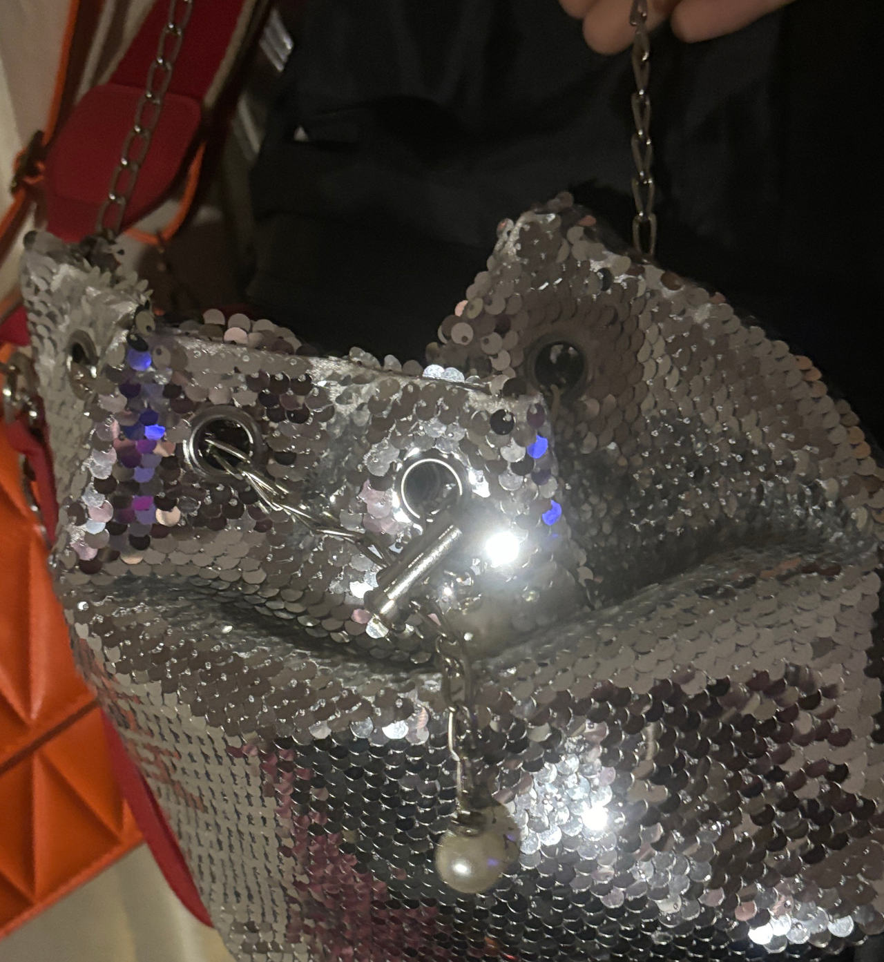 Silver Sequin Drawstring Bucket Bag with Pearl Charm