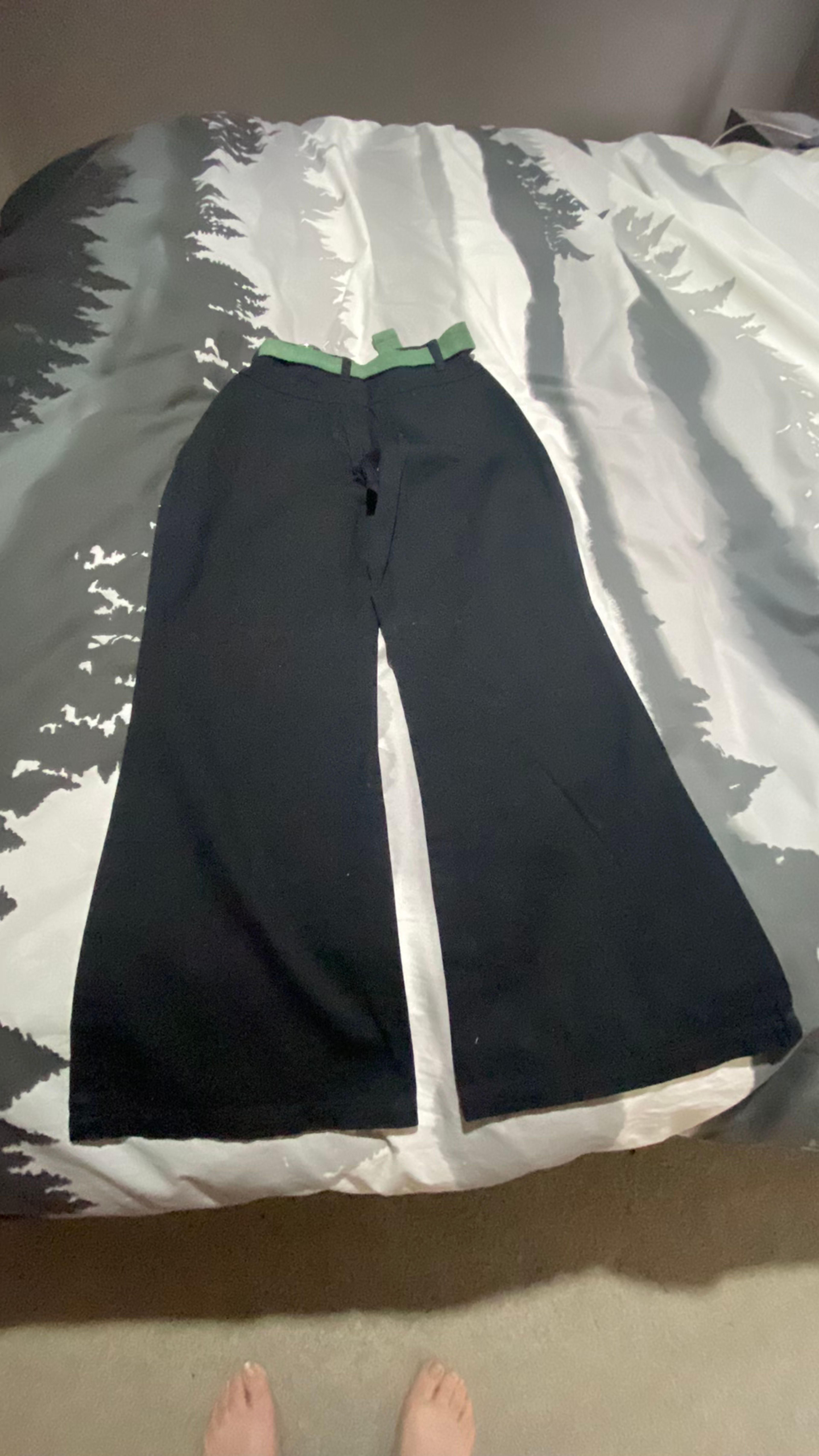 Wide Leg Black Pants with Green Belt - Image 2