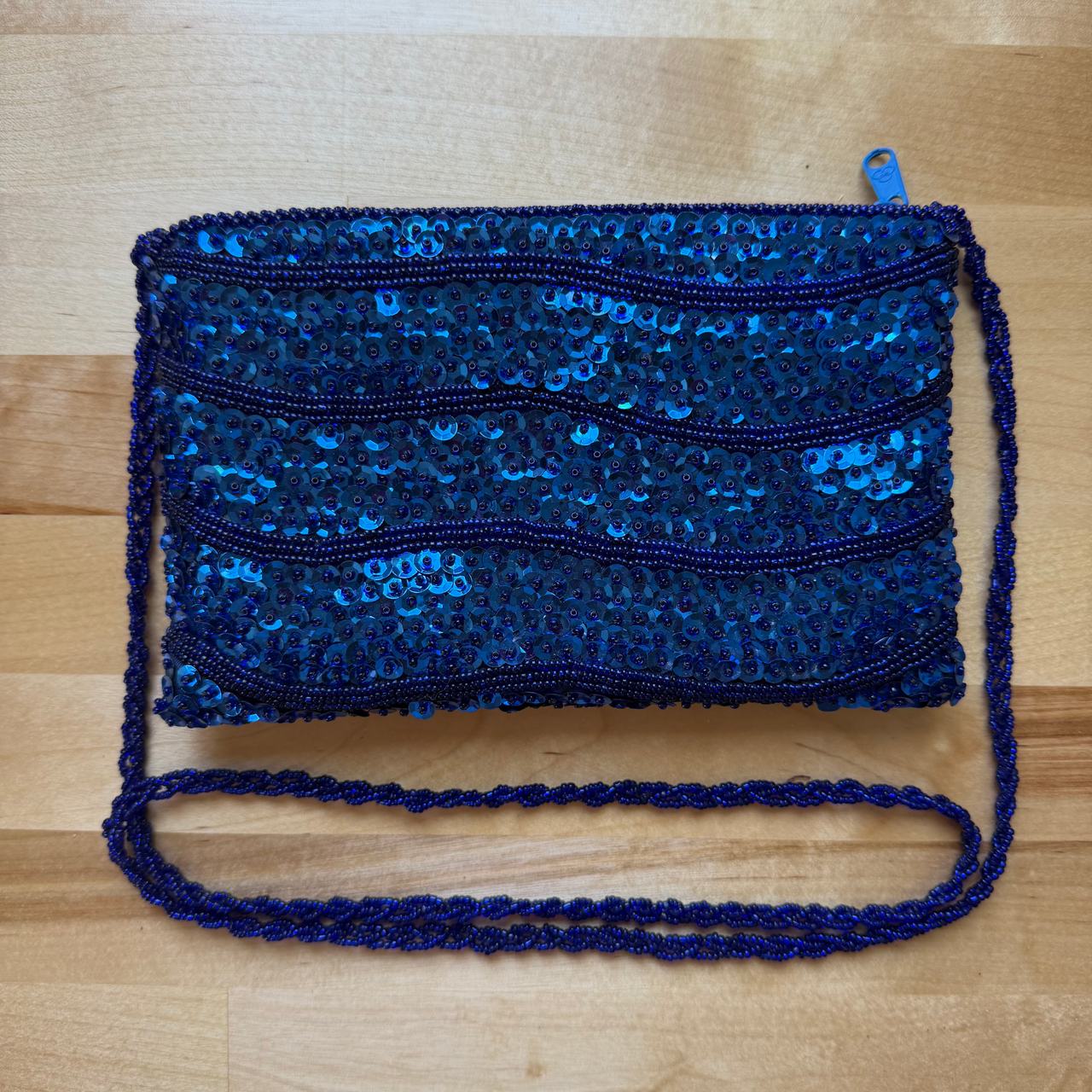 Vintage André Cellini Blue Sequin Beaded Evening Bag Clutch Purse Crossbody