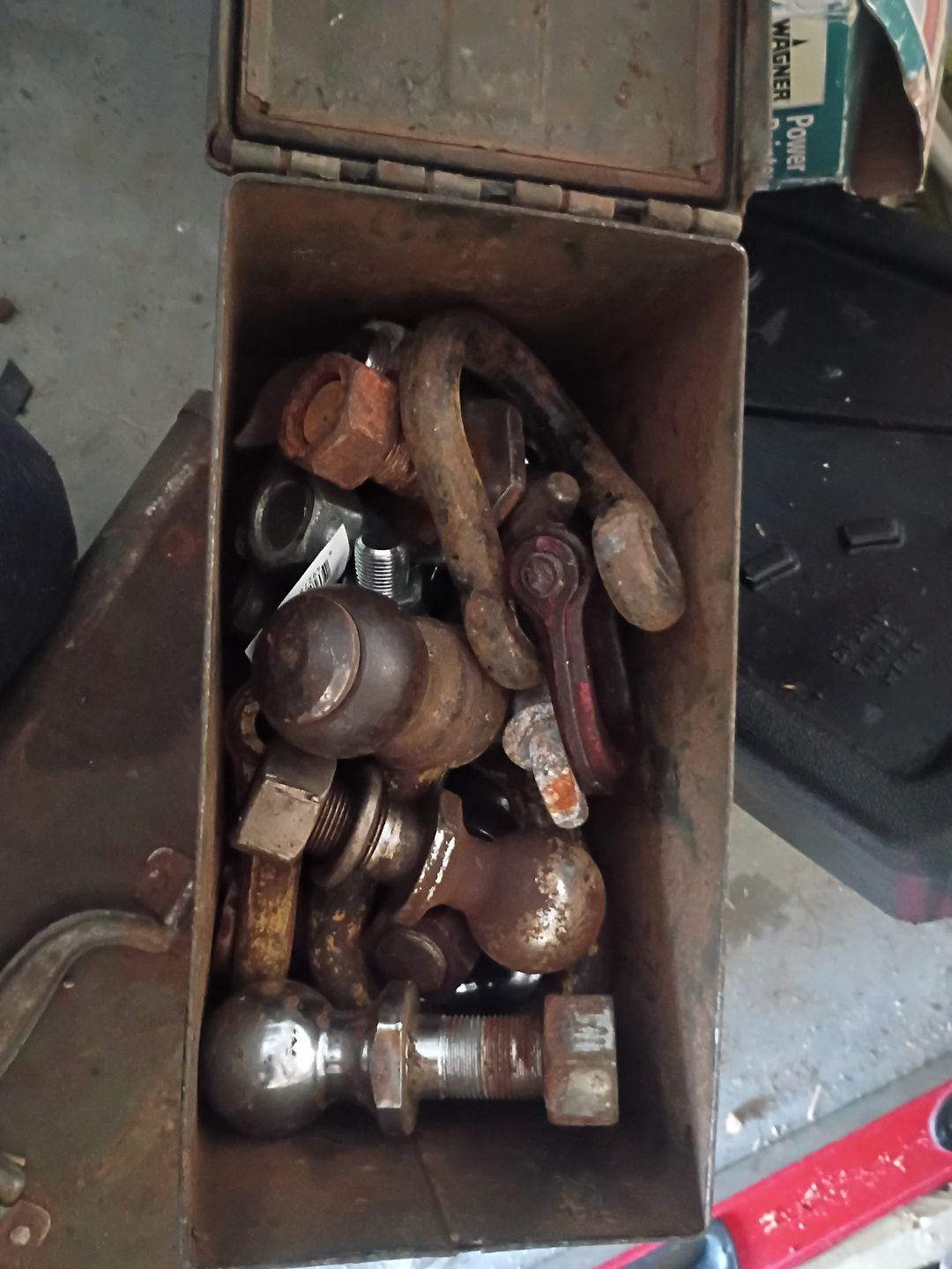 Vintage Ammo Can with Assorted Trailer Hitch Balls and Hardware
