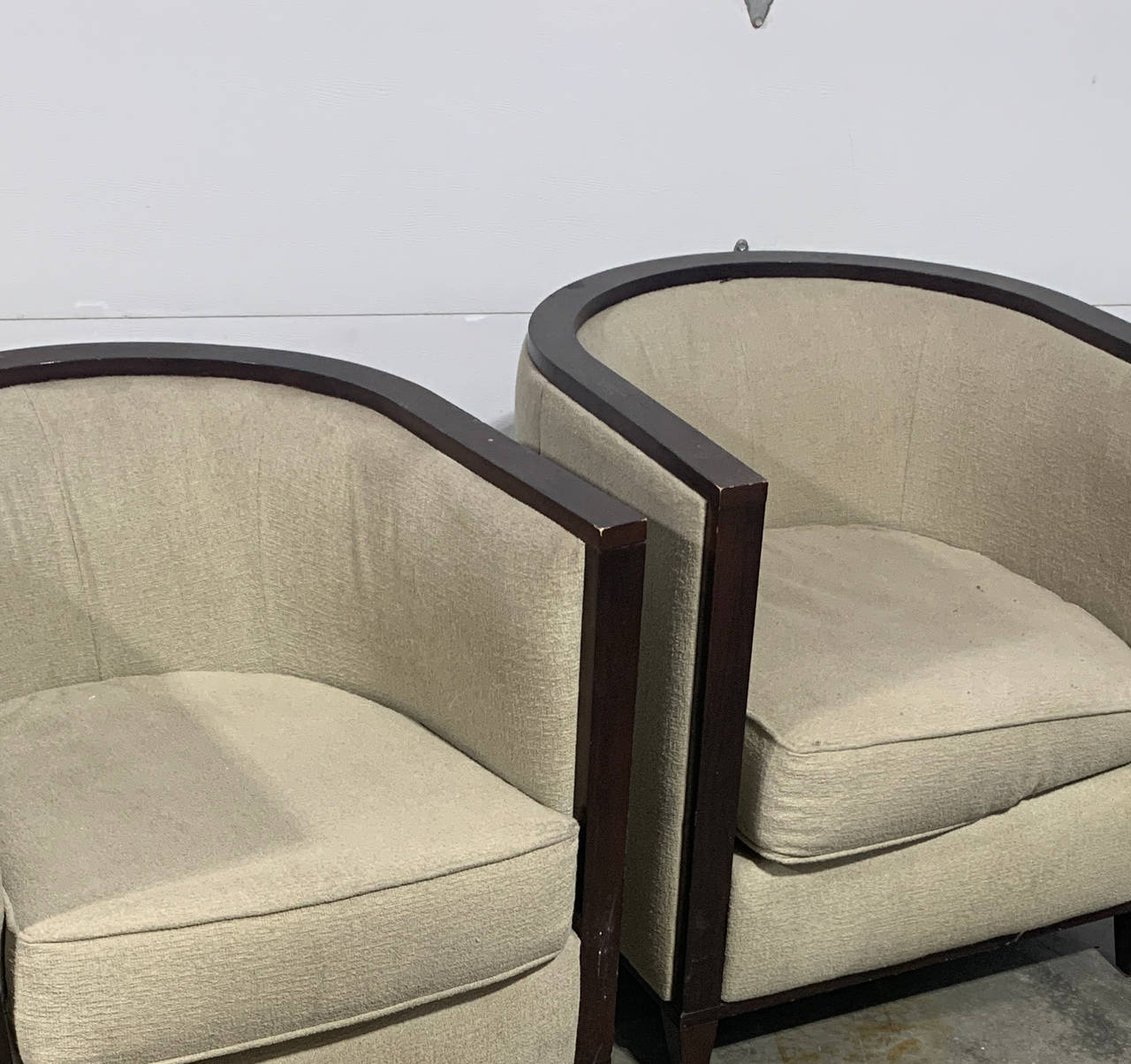 Upholstered Barrel Chairs with Wood Trim