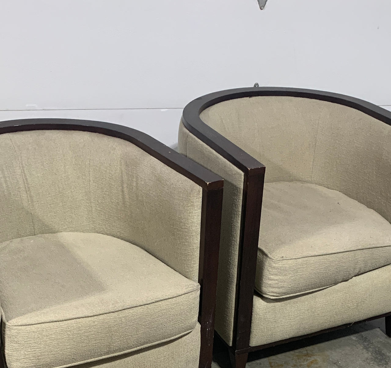 Upholstered Barrel Chairs with Wood Trim