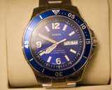 Fossil FB-02 48 mm Dive-Style Watch – Blue Dial & Bezel, Day/Date, Steel Bracele - Image 1