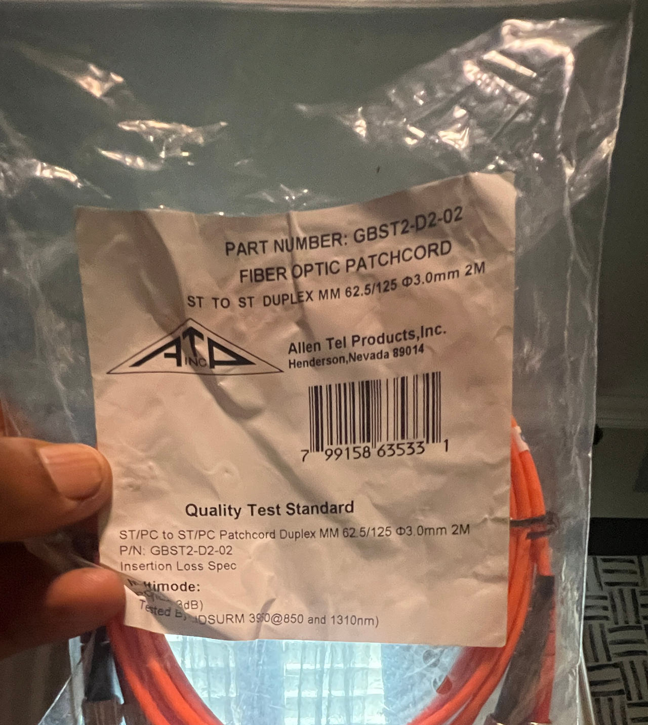 Allen Tel GBST2-D2-02 ST to ST Duplex Multimode Fiber Optic Patchcord 2M