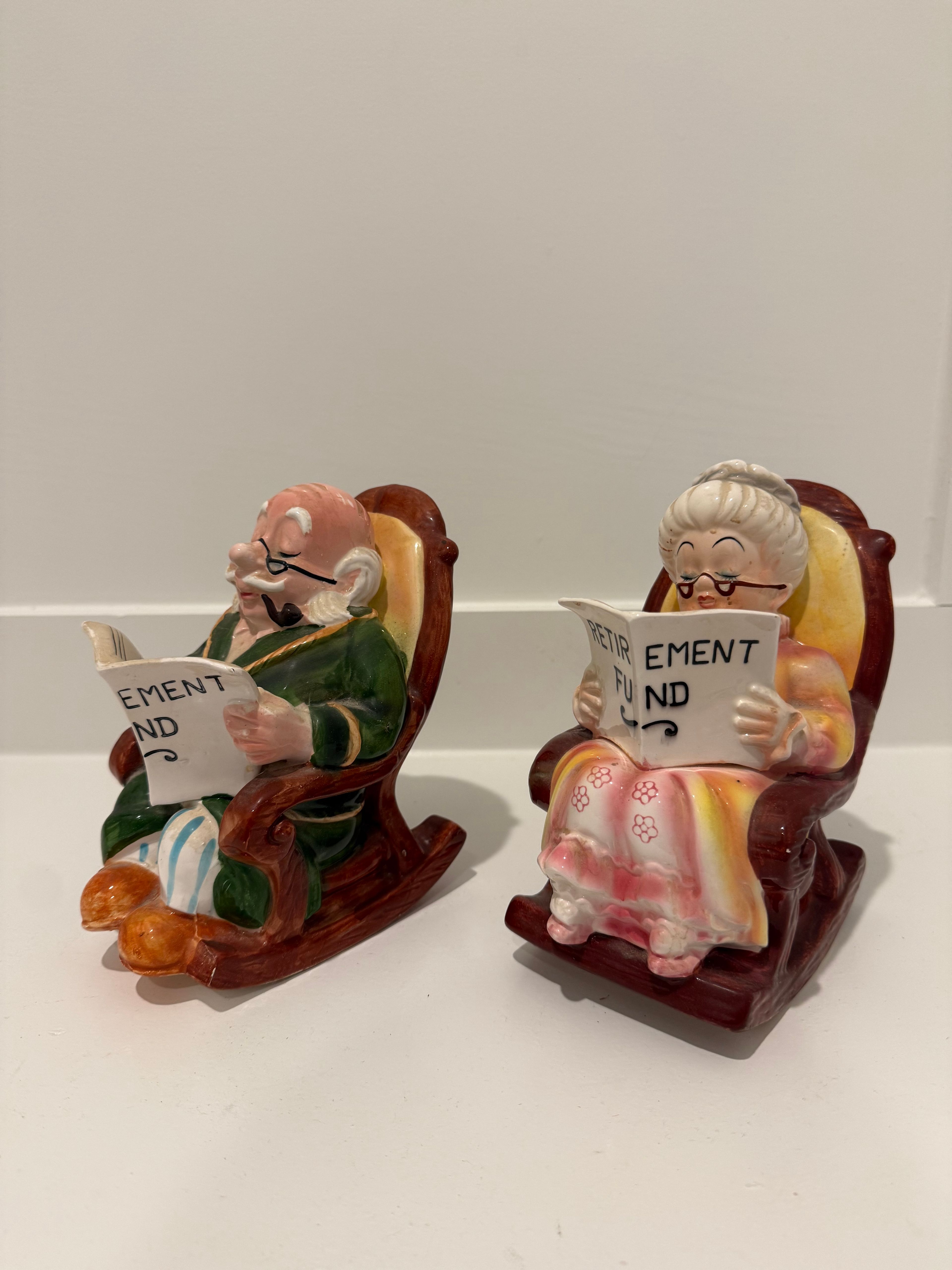 Vintage Ceramic Old Couple Rocking Chair Retirement Fund Coin Banks - Image 7