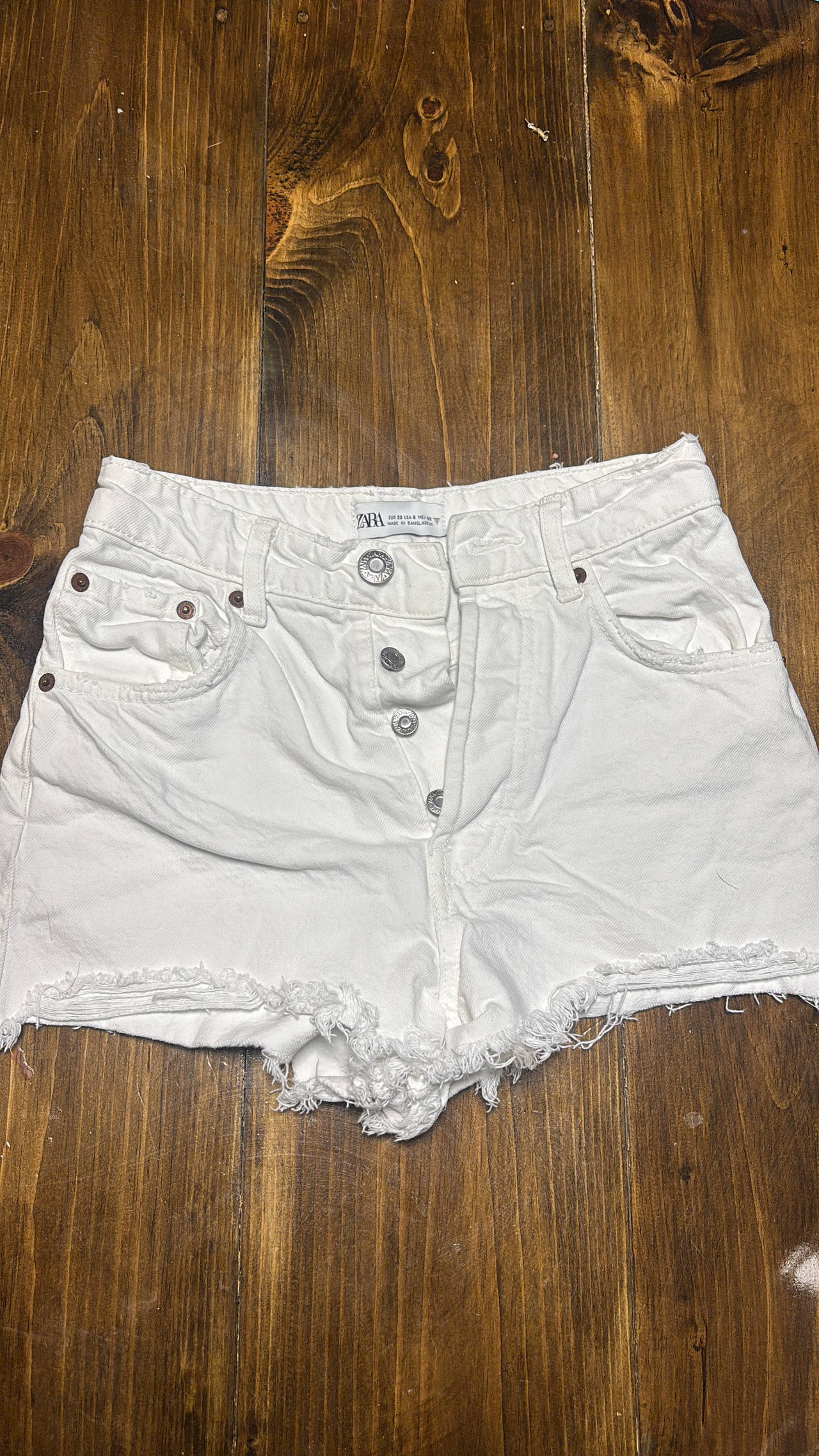 Zara White Denim Shorts with Frayed Hem